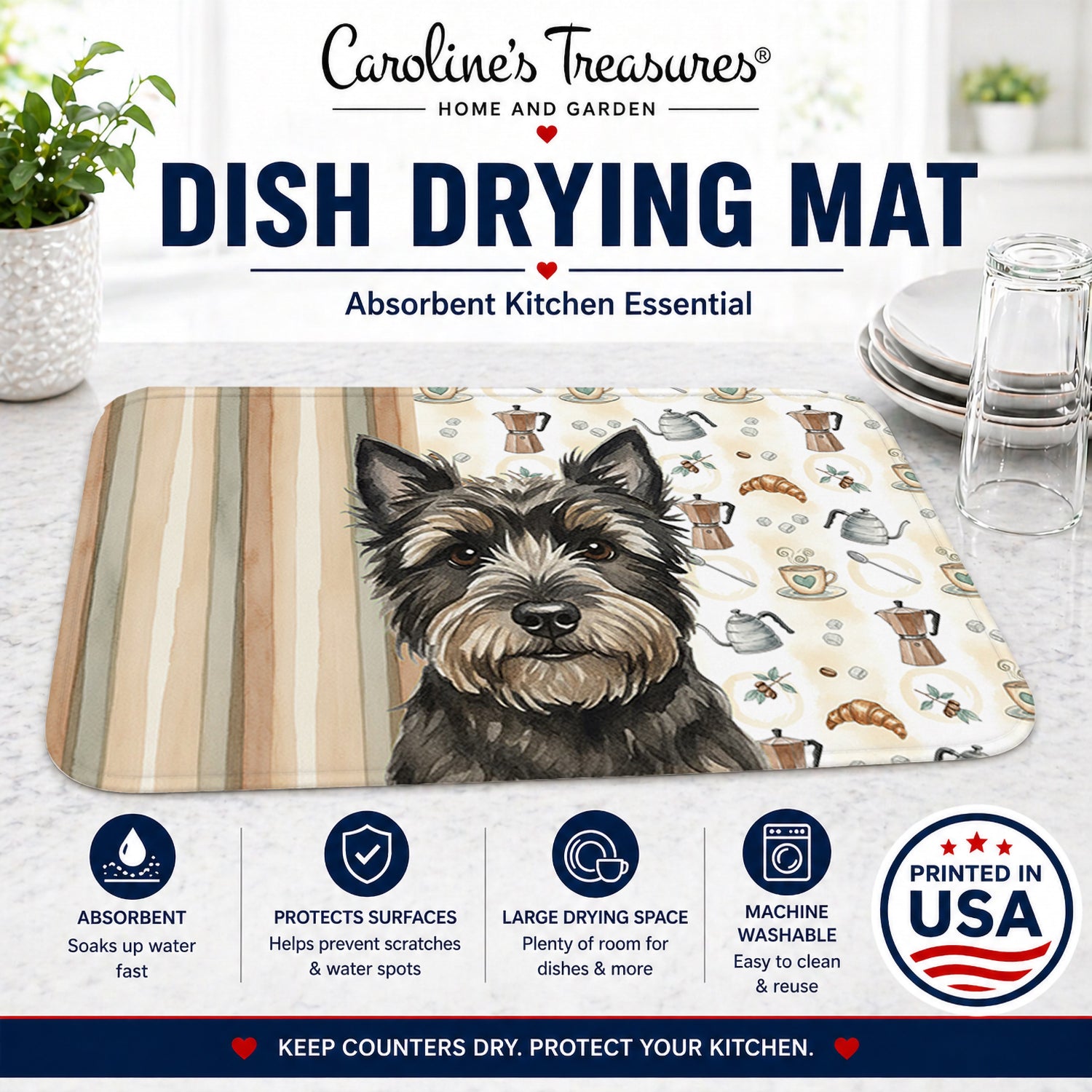 Black Cairn Terrier Coffee Bar Dish Drying Mat Absorbent Dish Drying Mat Pad for Kitchen Counter Dish Drainer Mat for Countertop, 14 x 21", Multicolor