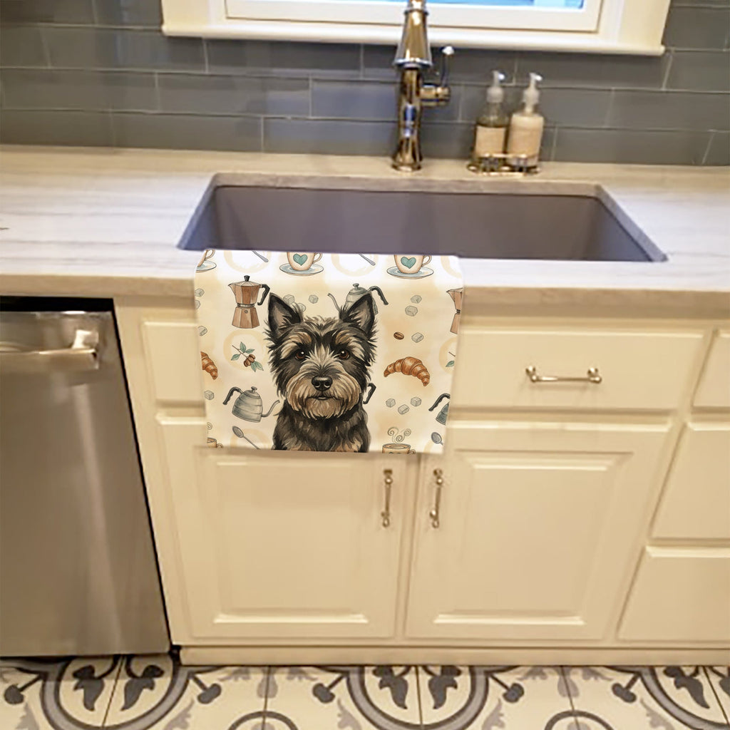 Black Cairn Terrier Coffee Bar Kitchen Towel Velour Plush Front and Cotton Loop Back Machine Washable
