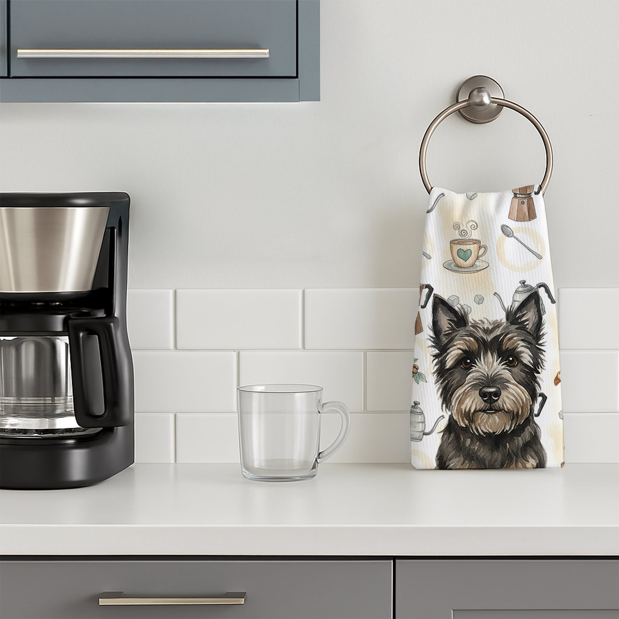 Black Cairn Terrier Coffee Bar Kitchen Towel Velour Plush Front and Cotton Loop Back Machine Washable