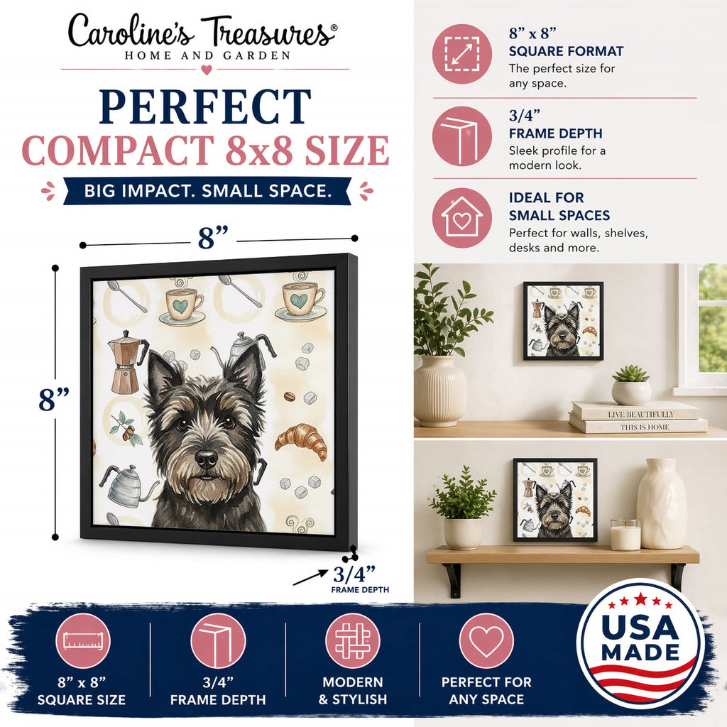 Black Cairn Terrier Coffee Bar Framed Metal Print Bathroom, Kitchen, Office, Home Decor Wall Art Ready to Hang, Square, 8X8