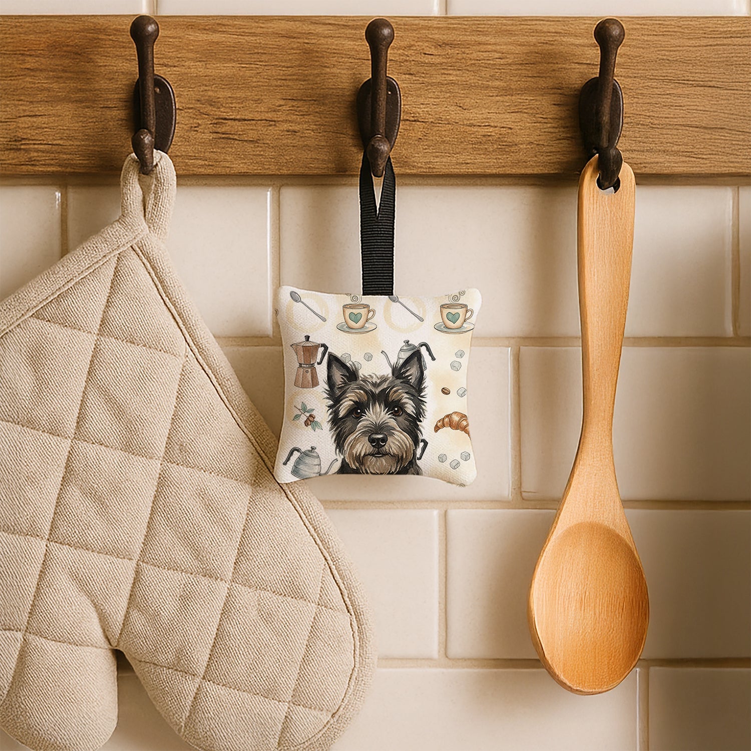Black Cairn Terrier Coffee Bar Hanging Square Fabric Ornament 3.5 � 3.5 Decorative Door-Knob & Tree Hanger, Soft Fabric