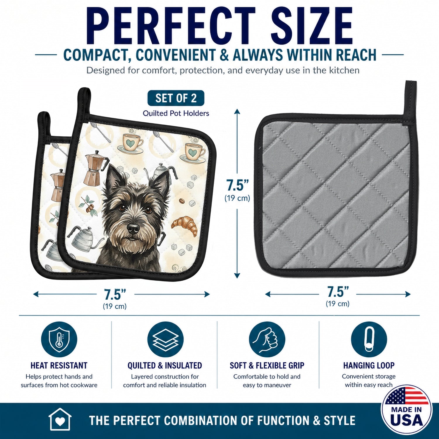 Black Cairn Terrier Coffee Bar Pot Holder Set of 2 Heat Resistant Quilted Hot Pads 7.5 x 7.5 Inch, Insulated Kitchen Trivets for Cooking & Baking