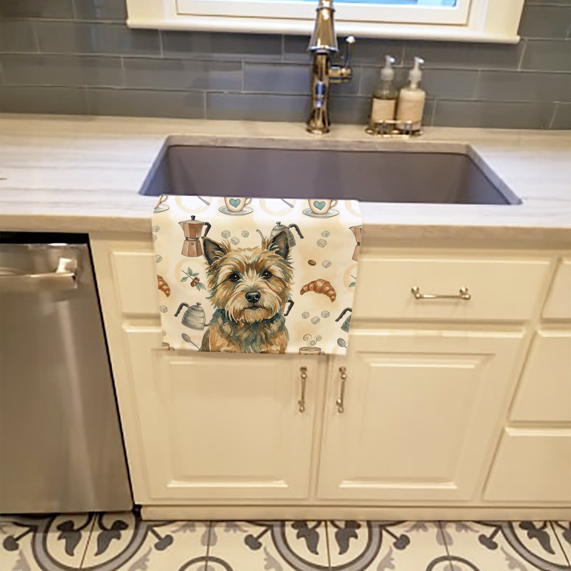 Cairn Terrier Coffee Bar Kitchen Towel Velour Plush Front and Cotton Loop Back Machine Washable