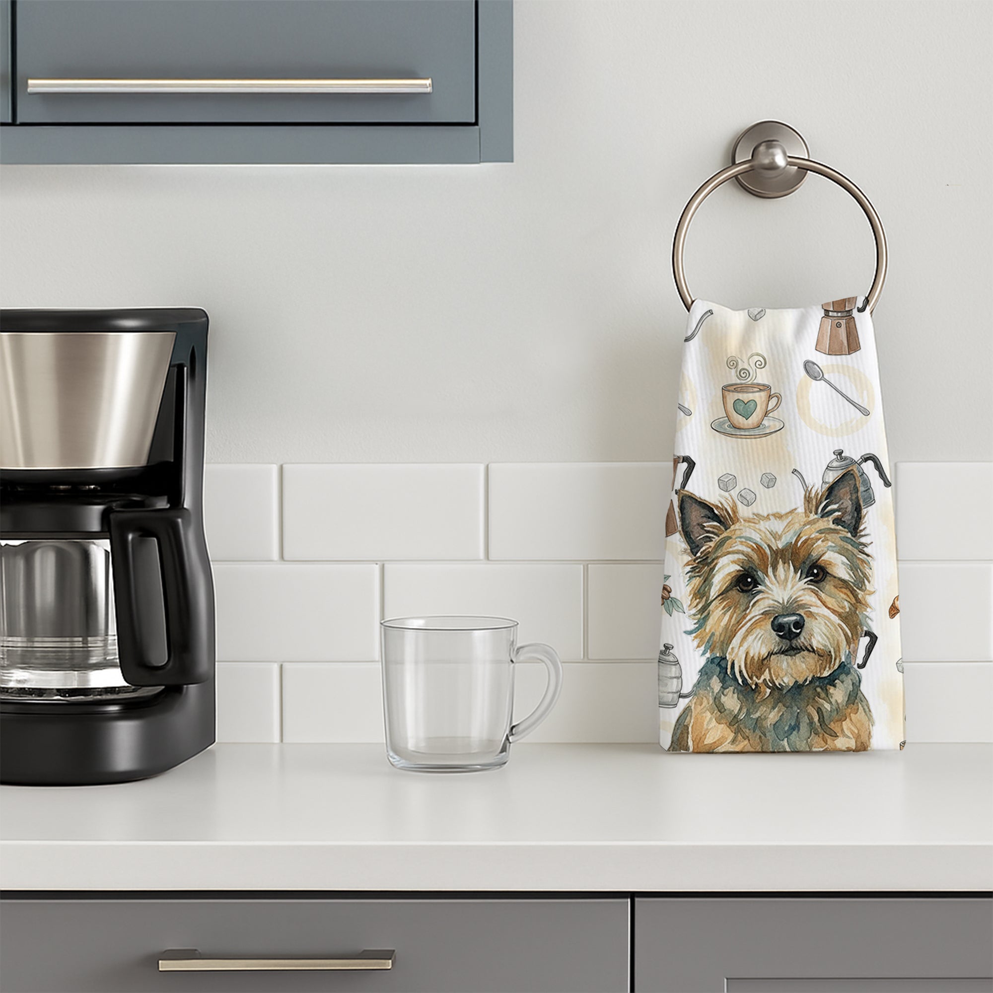 Cairn Terrier Coffee Bar Kitchen Towel Velour Plush Front and Cotton Loop Back Machine Washable