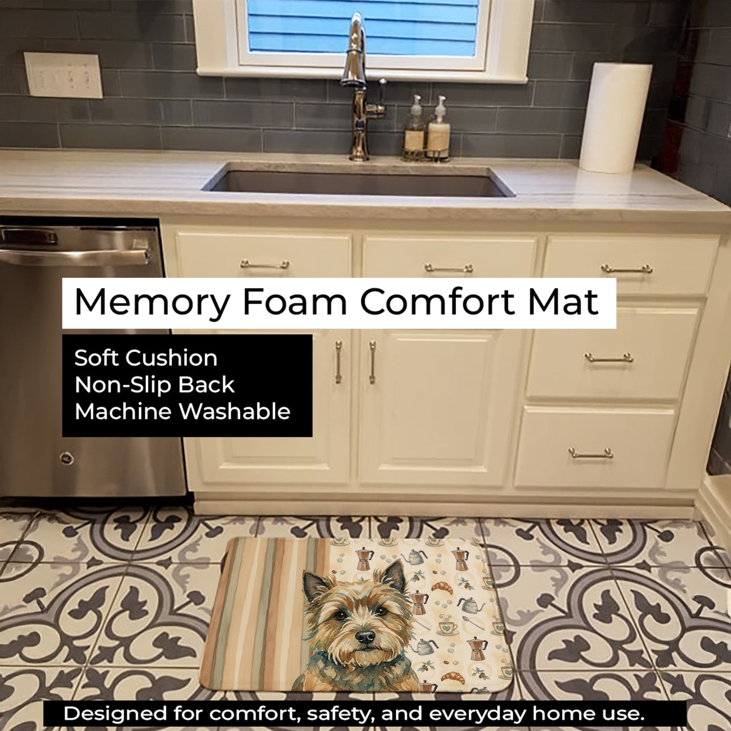 Cairn Terrier Coffee Bar Memory Foam Kitchen Mat Machine Washable Anti-Fatigue Cushion Comfort Bath or Kitchen Rug