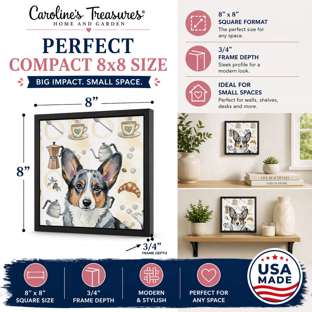 Blue Merle Cardigan Welsh Corgi Coffee Bar Framed Metal Print Bathroom, Kitchen, Office, Home Decor Wall Art Ready to Hang, Square, 8X8