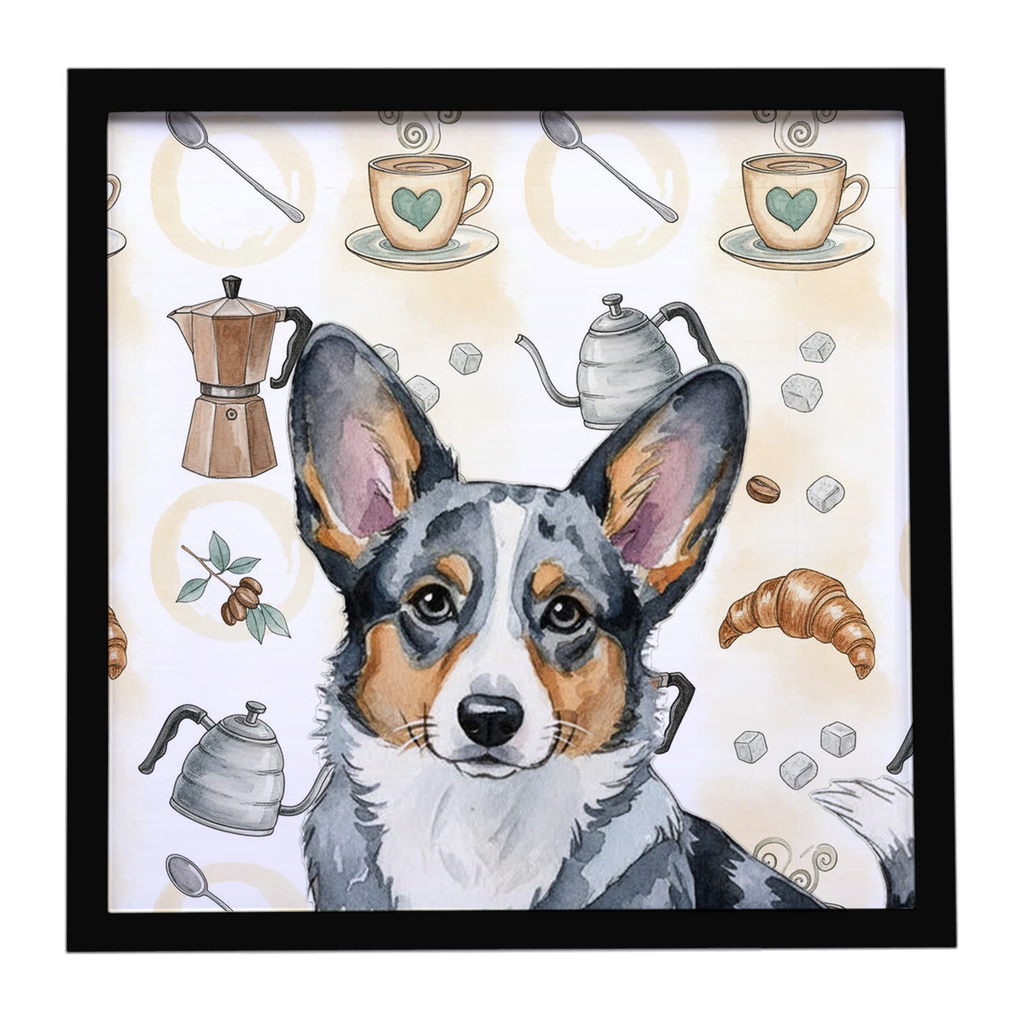 Blue Merle Cardigan Welsh Corgi Coffee Bar Framed Metal Print Bathroom, Kitchen, Office, Home Decor Wall Art Ready to Hang, Square, 8X8