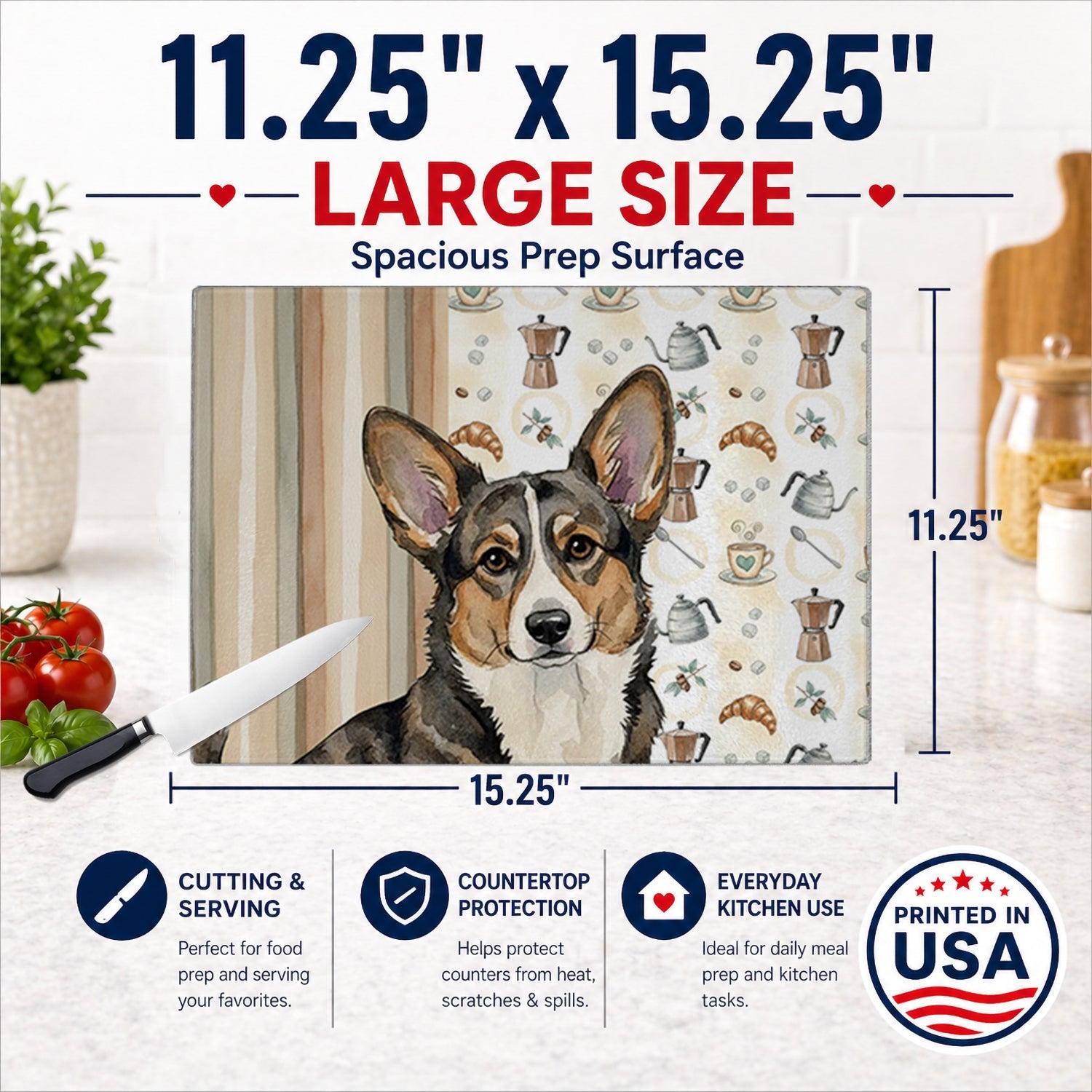 Brindle Cardigan Welsh Corgi Coffee Bar Cutting Board Tempered Glass Kitchen Cutting Surface, Heat Resistant Chopping, Non-Slip Feet, Food Prep & Serving