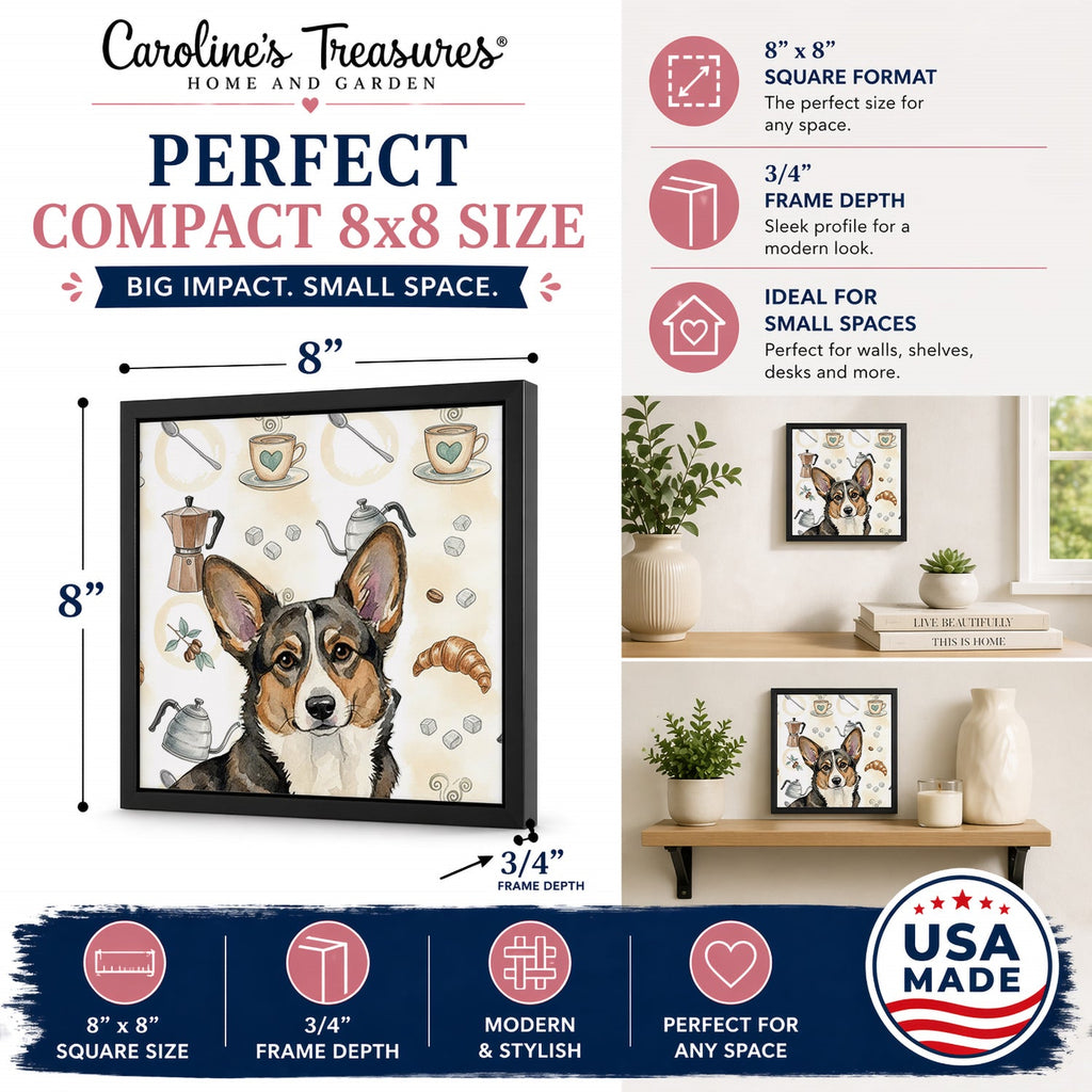 Brindle Cardigan Welsh Corgi Coffee Bar Framed Metal Print Bathroom, Kitchen, Office, Home Decor Wall Art Ready to Hang, Square, 8X8