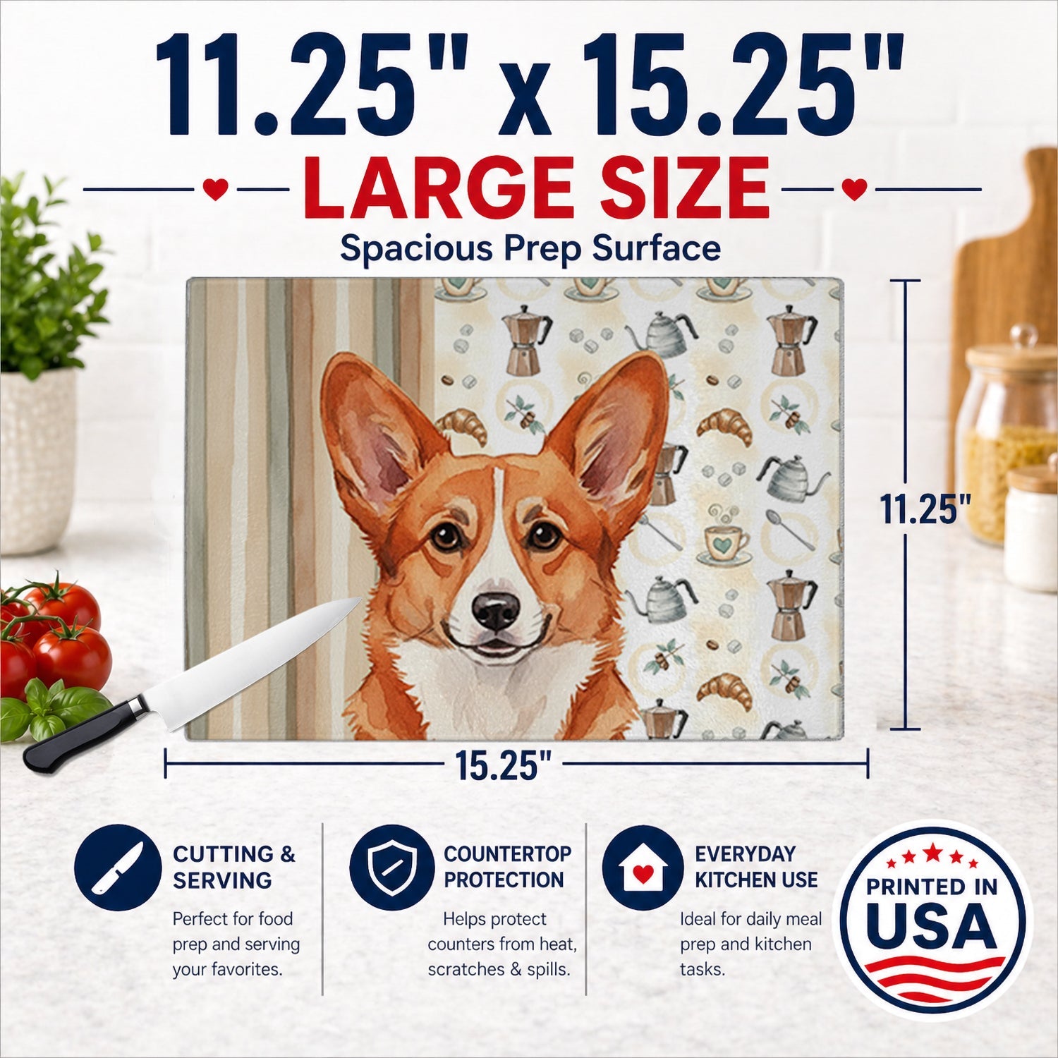 Red Cardigan Welsh Corgi Coffee Bar Cutting Board Tempered Glass Kitchen Cutting Surface, Heat Resistant Chopping, Non-Slip Feet, Food Prep & Serving