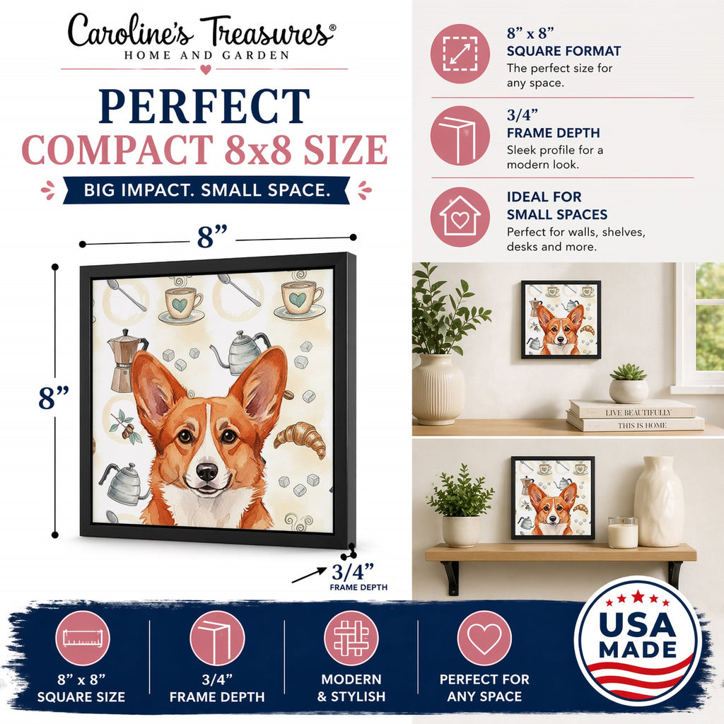 Red Cardigan Welsh Corgi Coffee Bar Framed Metal Print Bathroom, Kitchen, Office, Home Decor Wall Art Ready to Hang, Square, 8X8