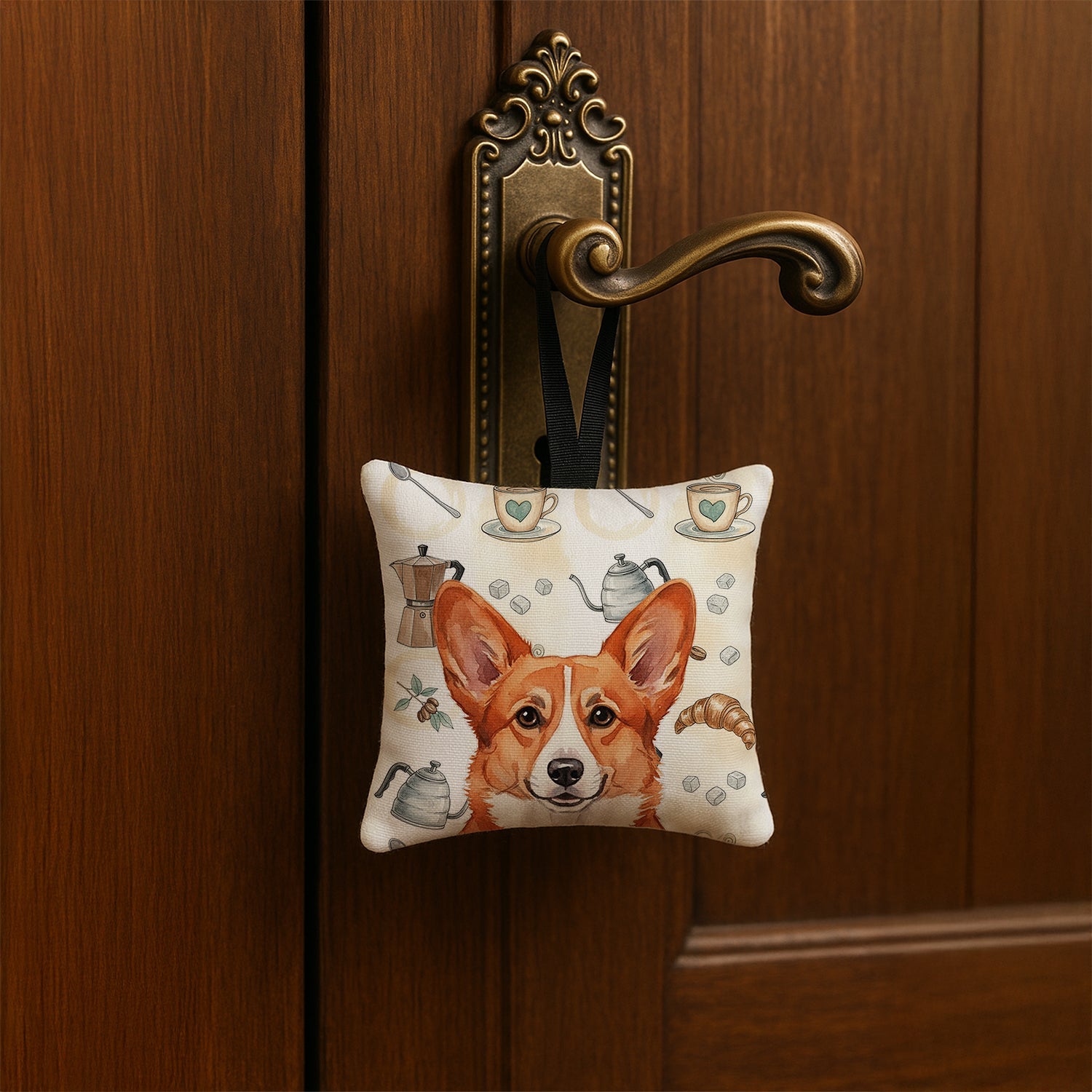 Red Cardigan Welsh Corgi Coffee Bar Hanging Square Fabric Ornament 3.5 � 3.5 Decorative Door-Knob & Tree Hanger, Soft Fabric