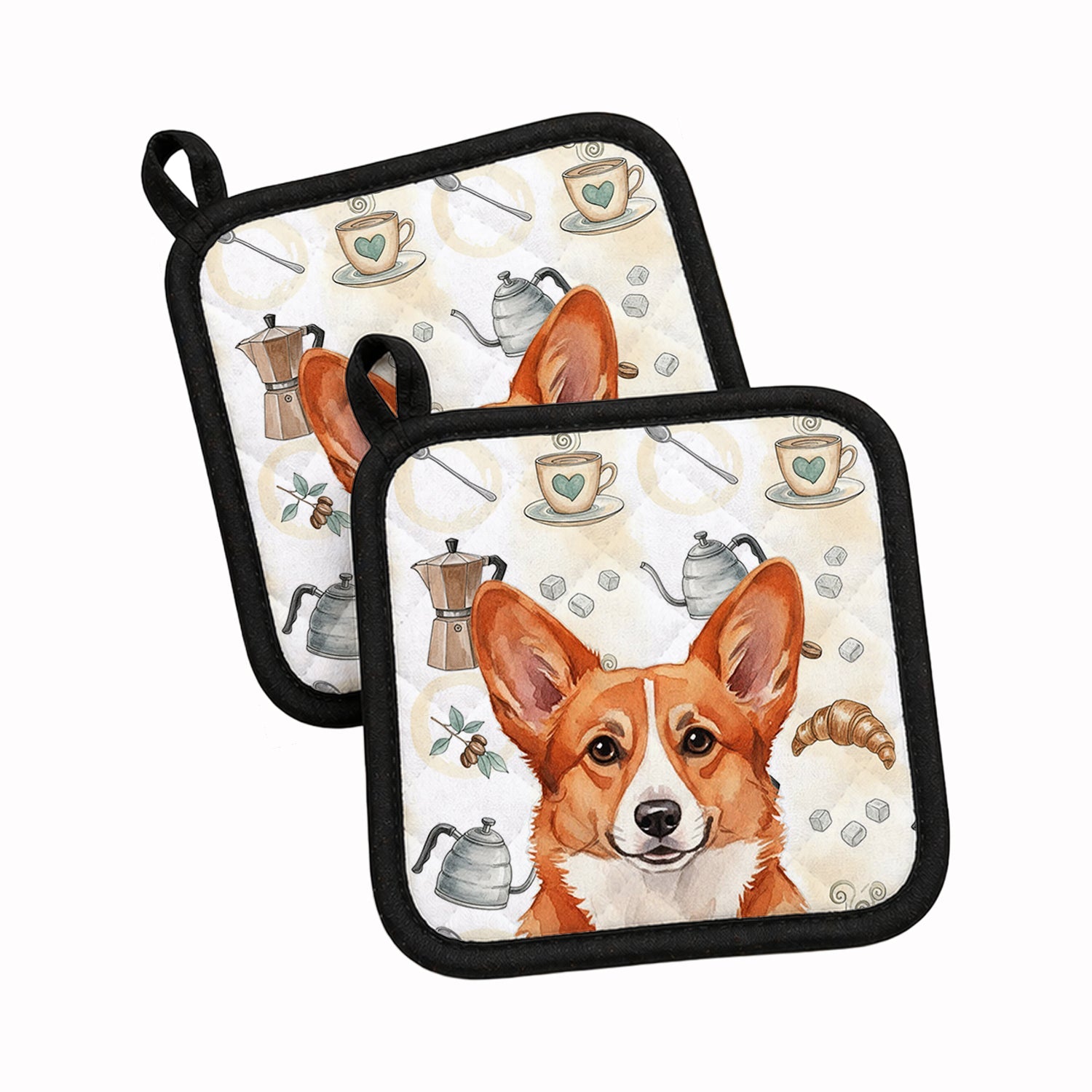 Red Cardigan Welsh Corgi Coffee Bar Pot Holder Set of 2 Heat Resistant Quilted Hot Pads 7.5 x 7.5 Inch, Insulated Kitchen Trivets for Cooking & Baking