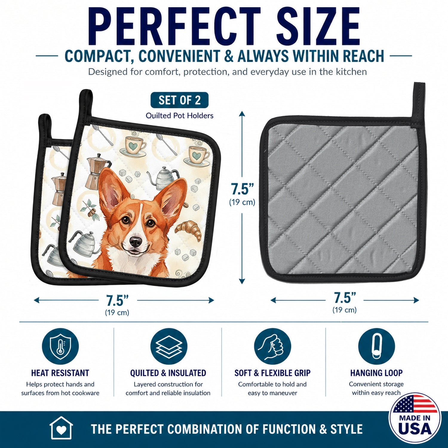 Red Cardigan Welsh Corgi Coffee Bar Pot Holder Set of 2 Heat Resistant Quilted Hot Pads 7.5 x 7.5 Inch, Insulated Kitchen Trivets for Cooking & Baking