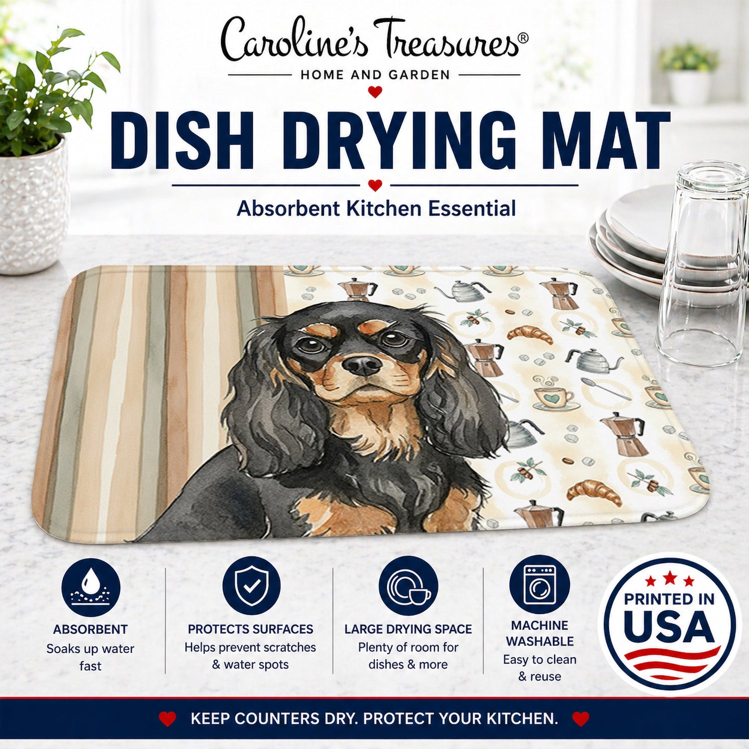 Black and Tan Cavalier Spaniel Coffee Bar Dish Drying Mat Absorbent Dish Drying Mat Pad for Kitchen Counter Dish Drainer Mat for Countertop, 14 x 21", Multicolor