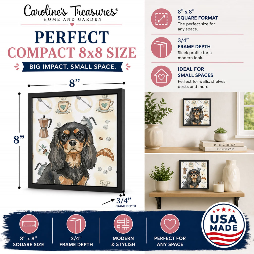 Black and Tan Cavalier Spaniel Coffee Bar Framed Metal Print Bathroom, Kitchen, Office, Home Decor Wall Art Ready to Hang, Square, 8X8