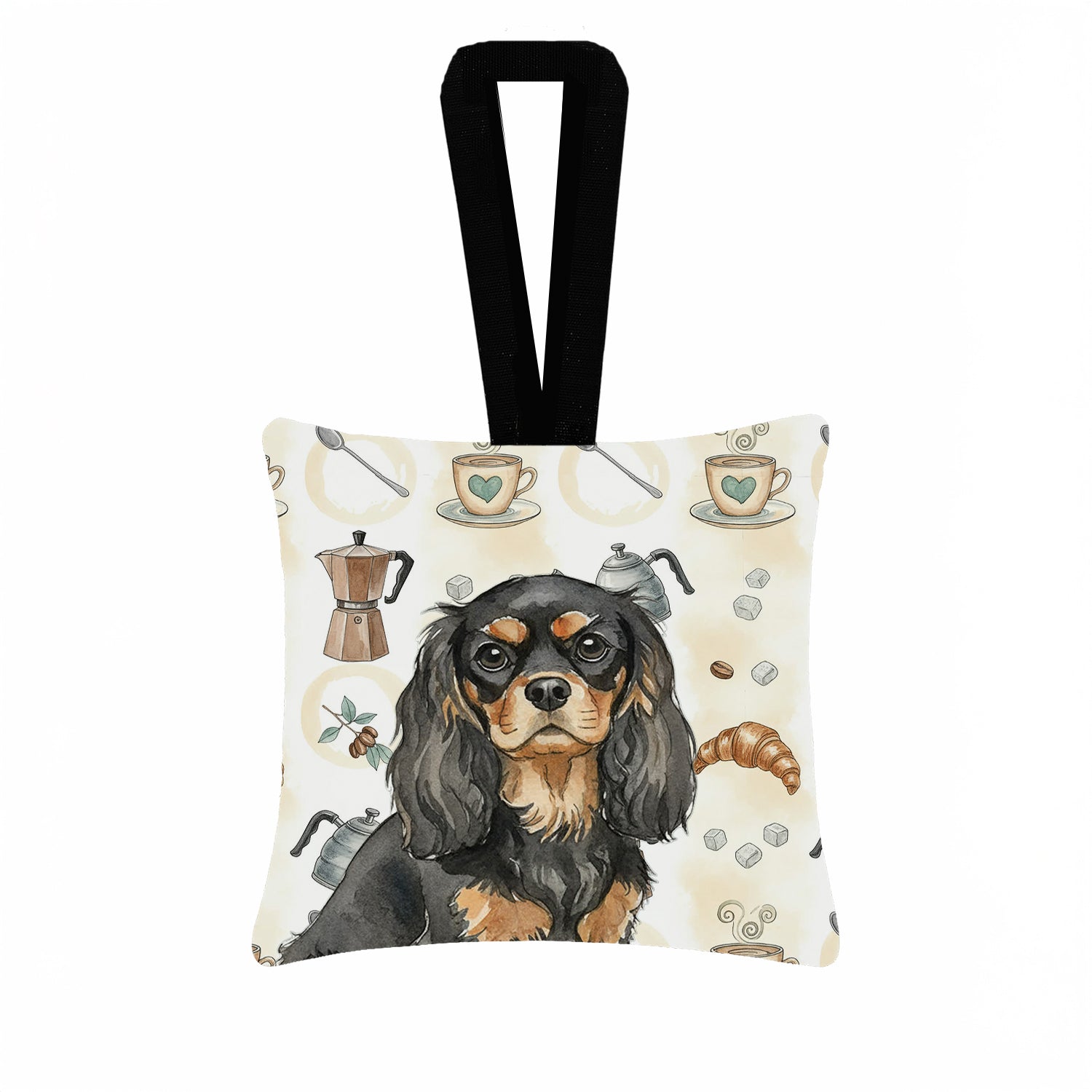 Black and Tan Cavalier Spaniel Coffee Bar Hanging Square Fabric Ornament 3.5 � 3.5 Decorative Door-Knob & Tree Hanger, Soft Fabric