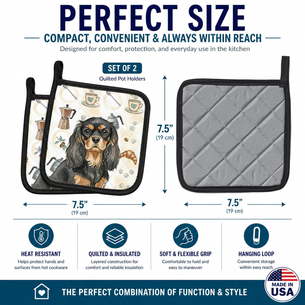 Black and Tan Cavalier Spaniel Coffee Bar Pot Holder Set of 2 Heat Resistant Quilted Hot Pads 7.5 x 7.5 Inch, Insulated Kitchen Trivets for Cooking & Baking