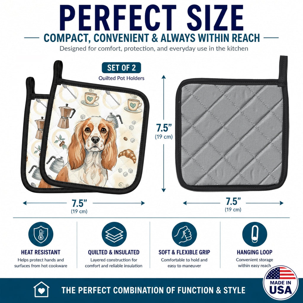 Blenheim Cavalier Spaniel Coffee Bar Pot Holder Set of 2 Heat Resistant Quilted Hot Pads 7.5 x 7.5 Inch, Insulated Kitchen Trivets for Cooking & Baking