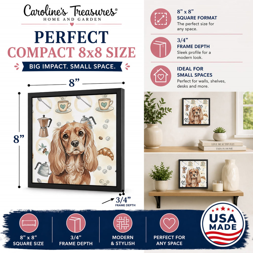 Ruby Cavalier Spaniel Coffee Bar Framed Metal Print Bathroom, Kitchen, Office, Home Decor Wall Art Ready to Hang, Square, 8X8