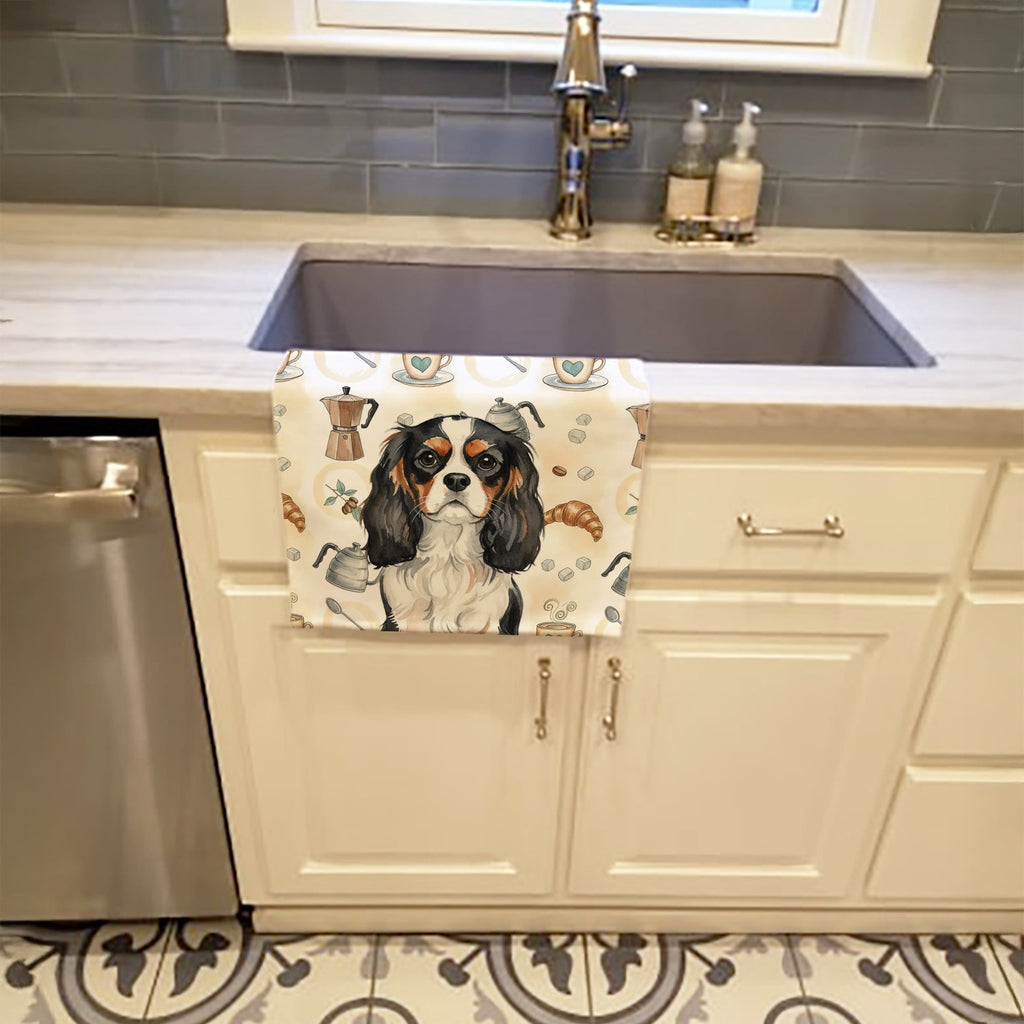 Tricolor Cavalier Spaniel Coffee Bar Kitchen Towel Velour Plush Front and Cotton Loop Back Machine Washable