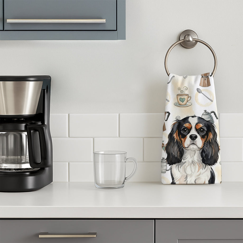 Tricolor Cavalier Spaniel Coffee Bar Kitchen Towel Velour Plush Front and Cotton Loop Back Machine Washable