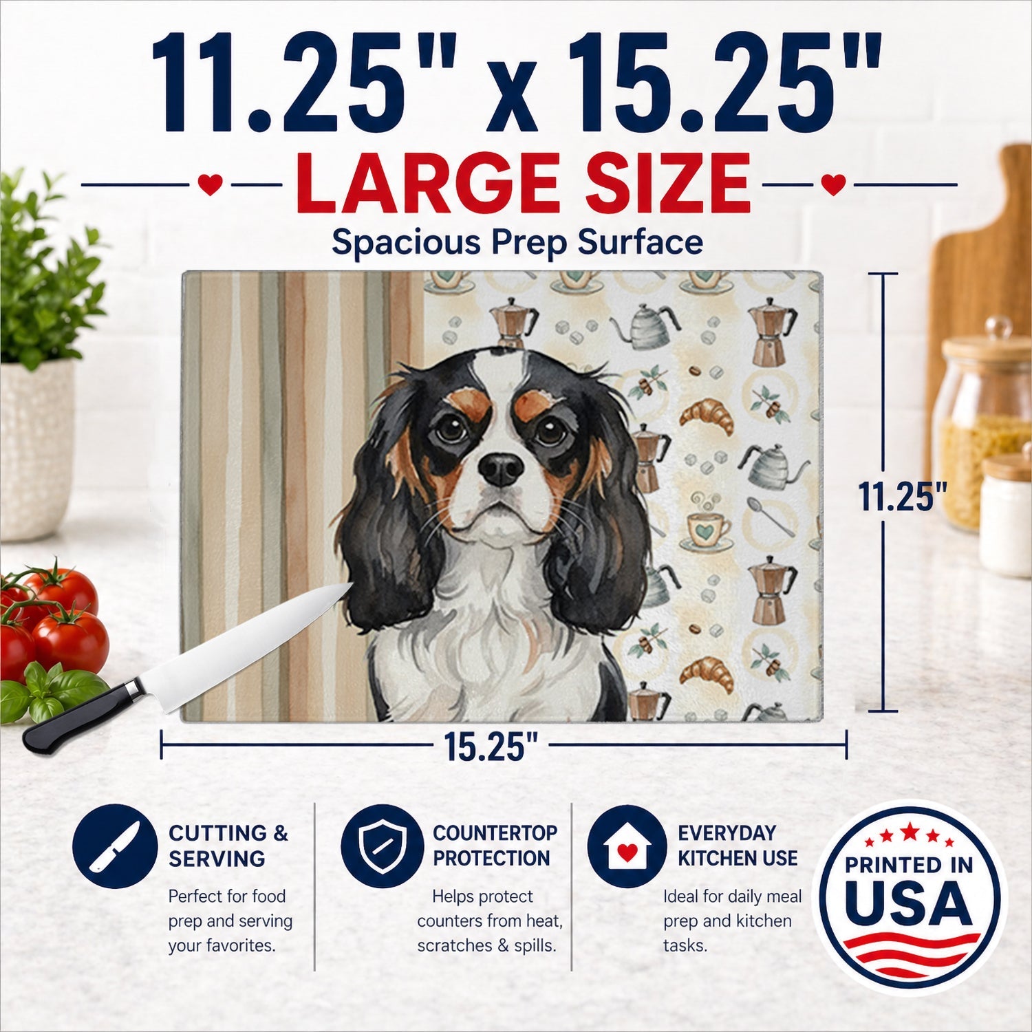 Tricolor Cavalier Spaniel Coffee Bar Cutting Board Tempered Glass Kitchen Cutting Surface, Heat Resistant Chopping, Non-Slip Feet, Food Prep & Serving