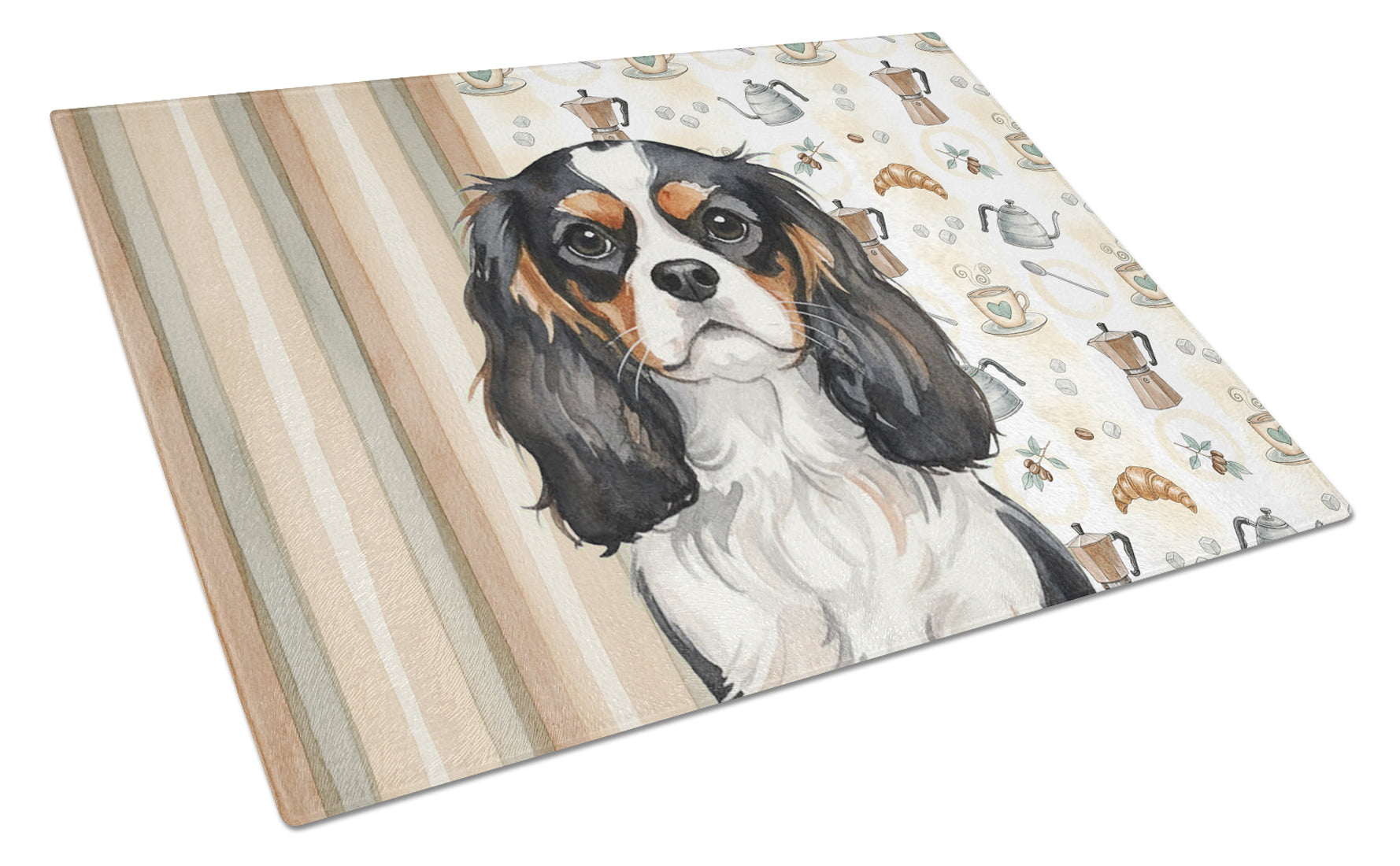 Tricolor Cavalier Spaniel Coffee Bar Cutting Board Tempered Glass Kitchen Cutting Surface, Heat Resistant Chopping, Non-Slip Feet, Food Prep & Serving
