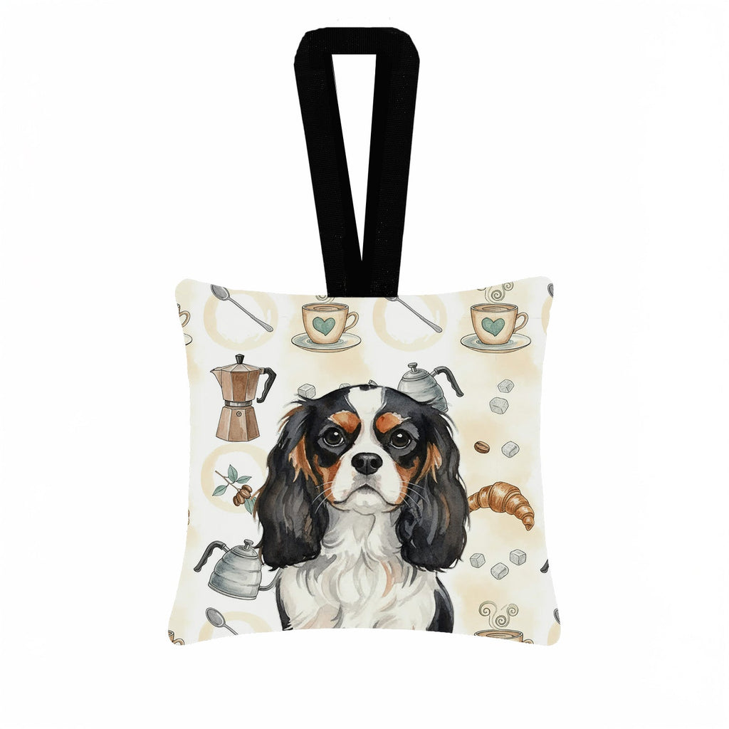 Tricolor Cavalier Spaniel Coffee Bar Hanging Square Fabric Ornament 3.5 � 3.5 Decorative Door-Knob & Tree Hanger, Soft Fabric