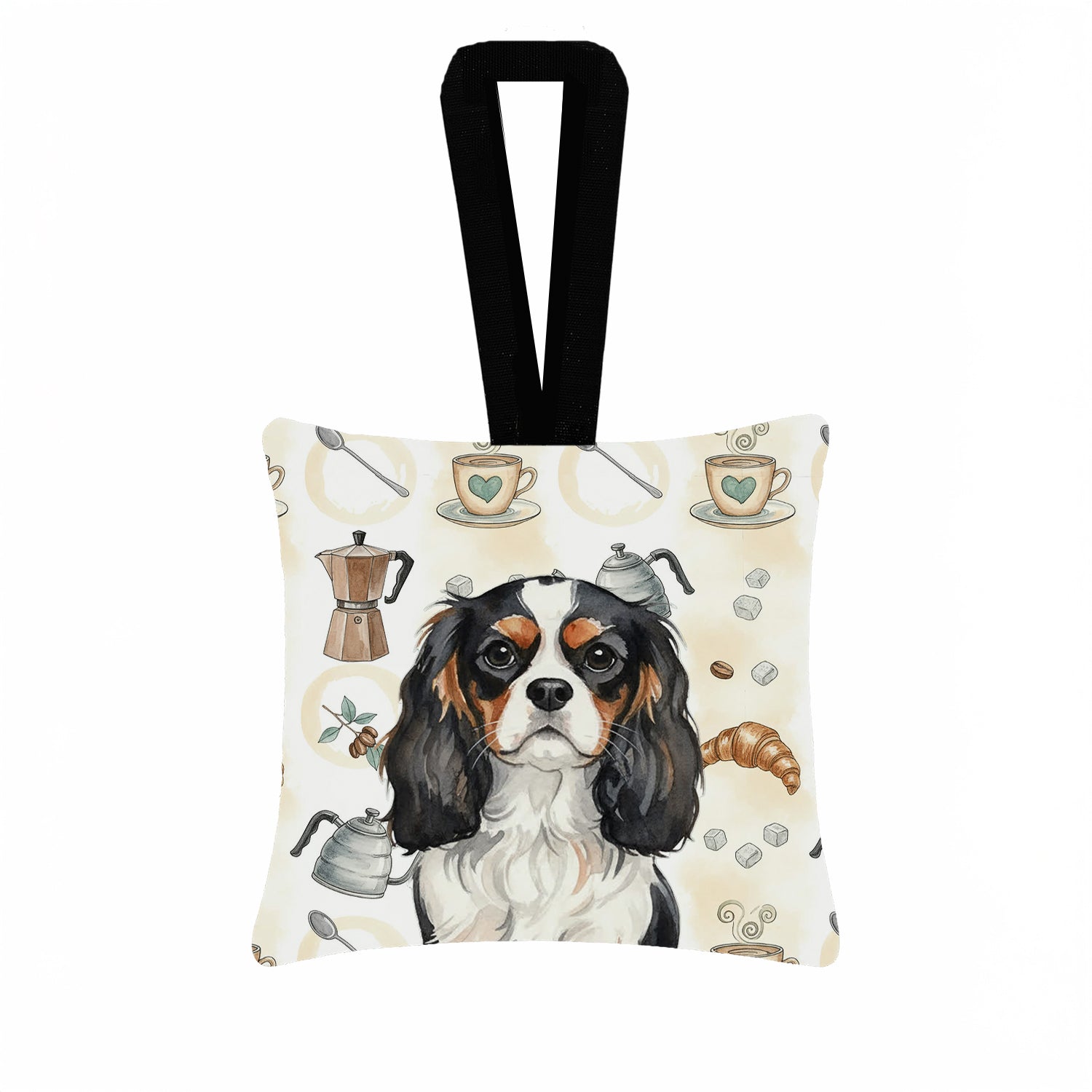 Tricolor Cavalier Spaniel Coffee Bar Hanging Square Fabric Ornament 3.5 � 3.5 Decorative Door-Knob & Tree Hanger, Soft Fabric