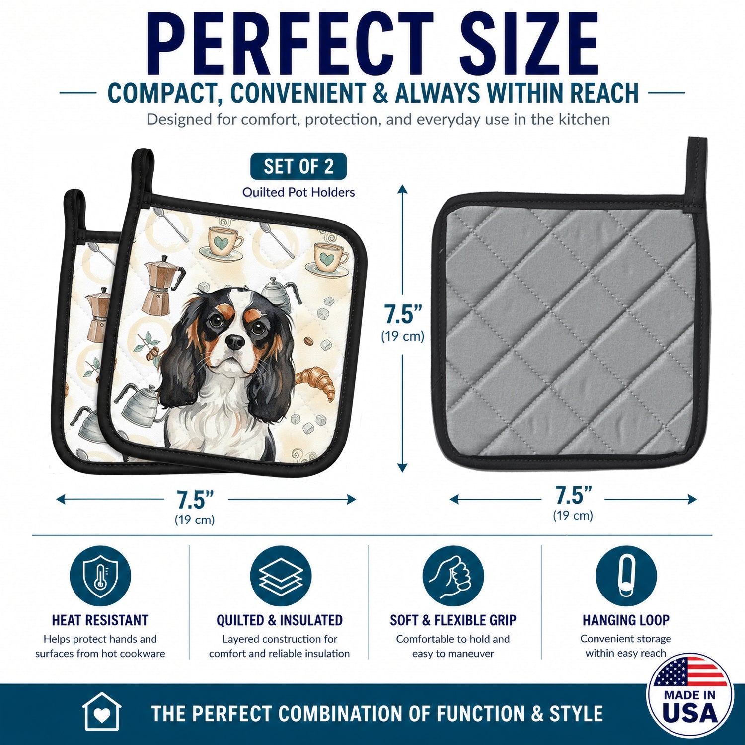Tricolor Cavalier Spaniel Coffee Bar Pot Holder Set of 2 Heat Resistant Quilted Hot Pads 7.5 x 7.5 Inch, Insulated Kitchen Trivets for Cooking & Baking