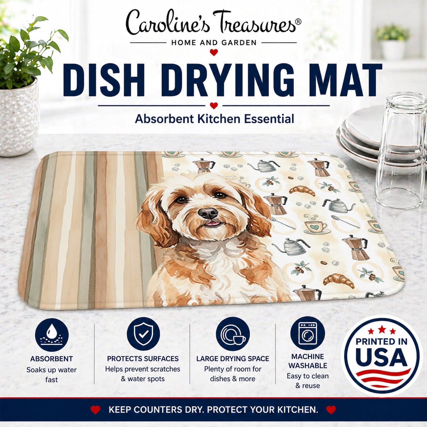 Cavapoo Coffee Bar Dish Drying Mat Absorbent Dish Drying Mat Pad for Kitchen Counter Dish Drainer Mat for Countertop, 14 x 21", Multicolor