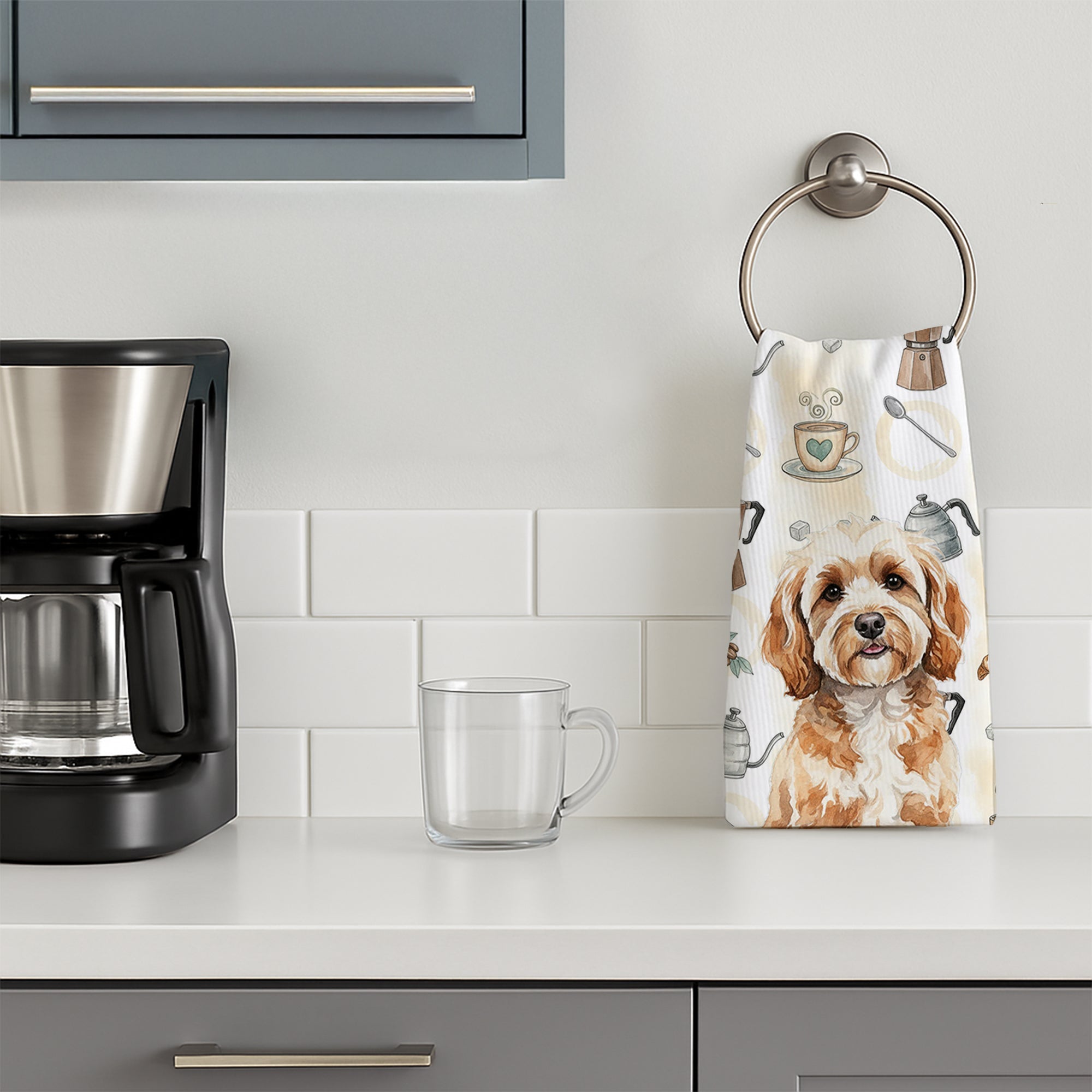 Cavapoo Coffee Bar Kitchen Towel Velour Plush Front and Cotton Loop Back Machine Washable