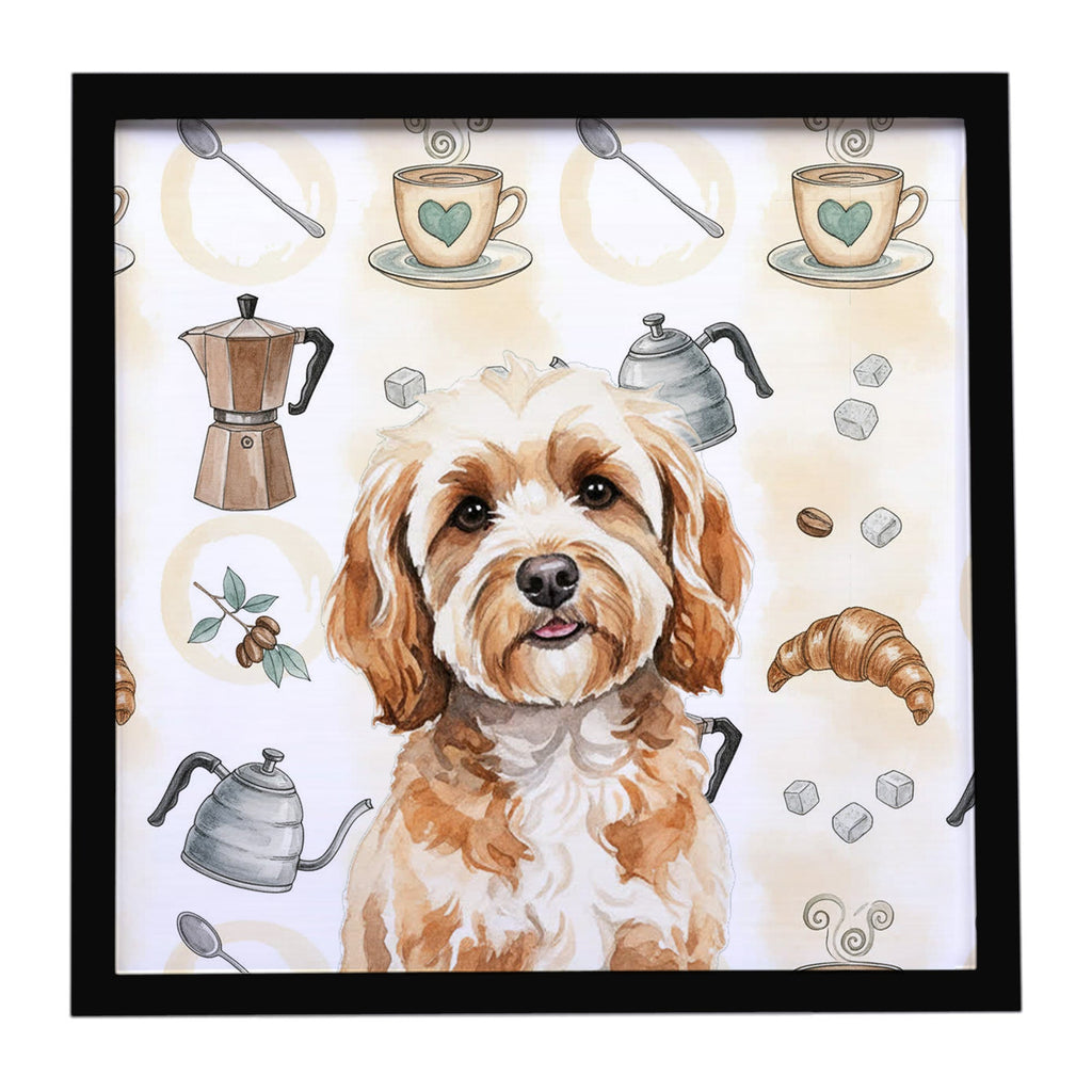 Cavapoo Coffee Bar Framed Metal Print Bathroom, Kitchen, Office, Home Decor Wall Art Ready to Hang, Square, 8X8