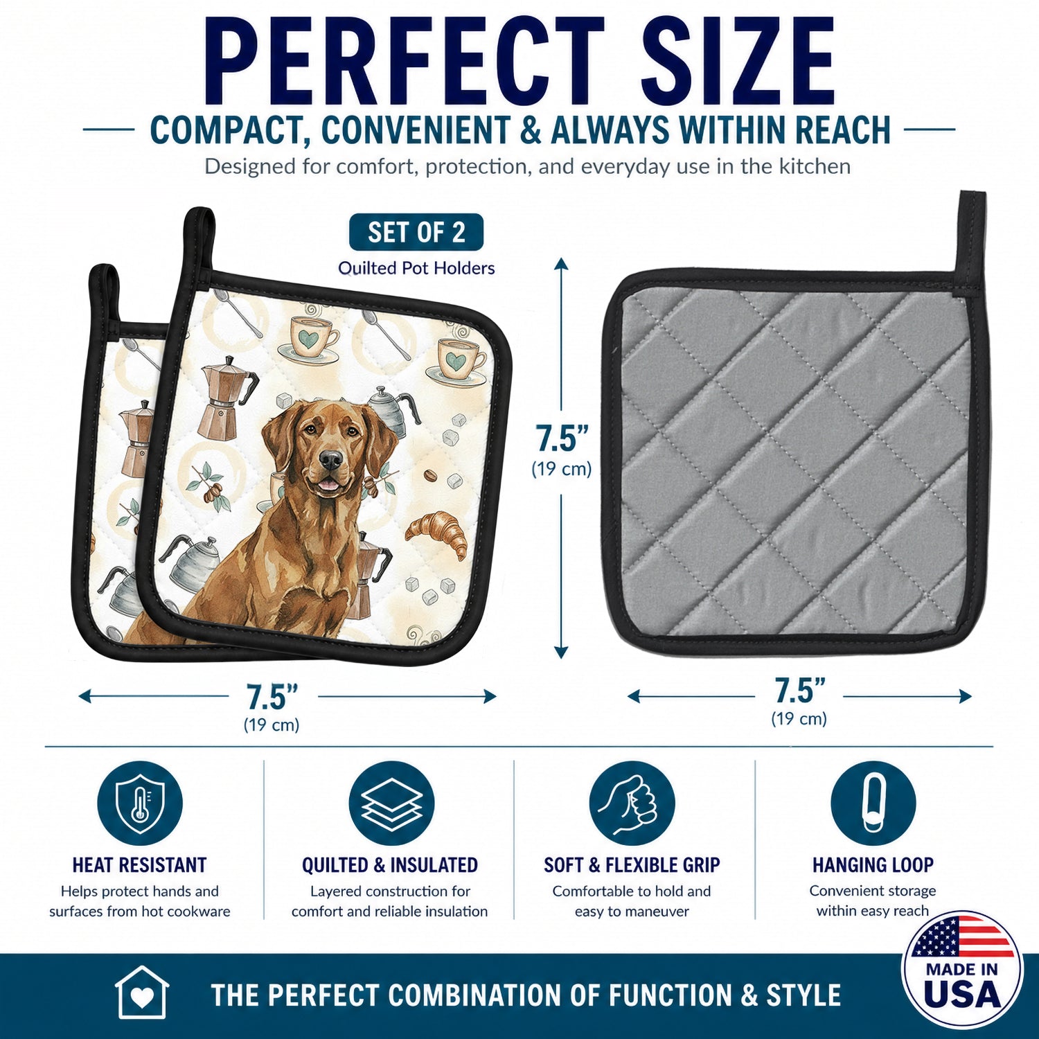Chesapeake Bay Retriever Coffee Bar Pot Holder Set of 2 Heat Resistant Quilted Hot Pads 7.5 x 7.5 Inch, Insulated Kitchen Trivets for Cooking & Baking
