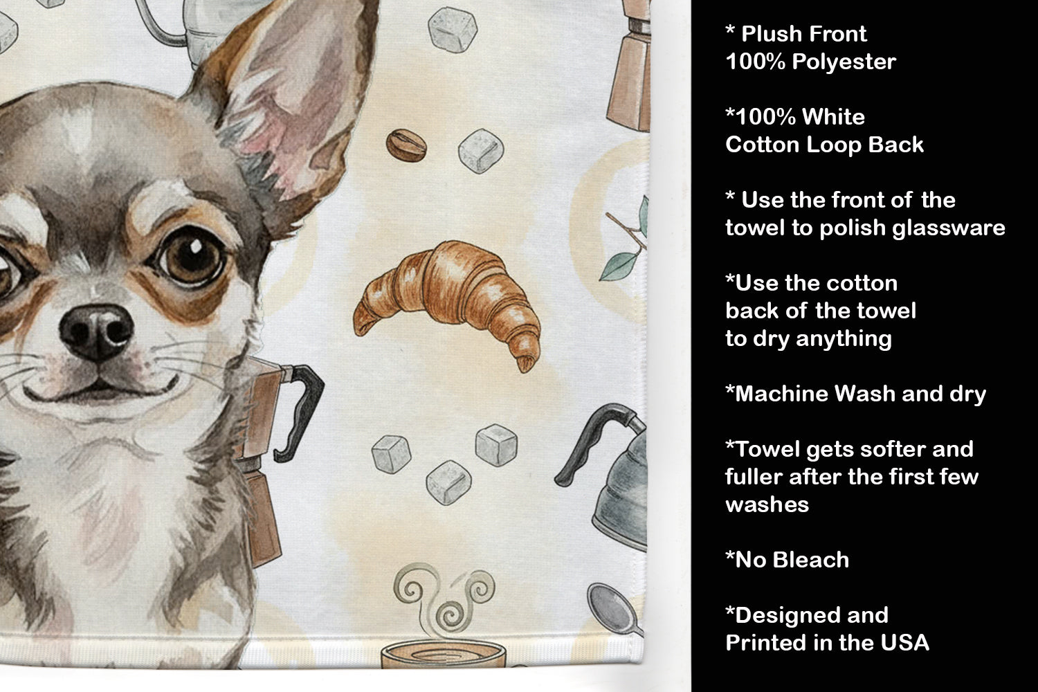 Chihuahua Coffee Bar Kitchen Towel Velour Plush Front and Cotton Loop Back Machine Washable