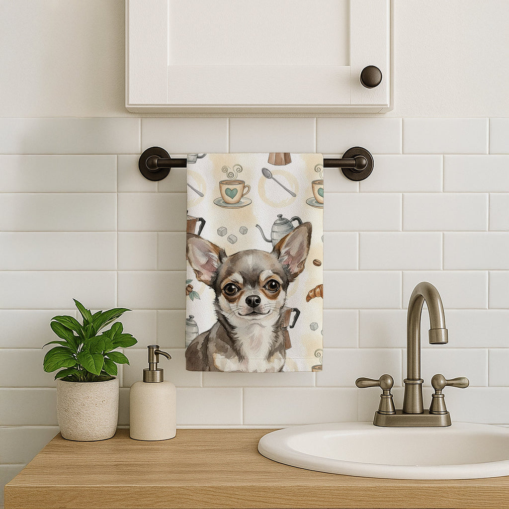 Chihuahua Coffee Bar Kitchen Towel Velour Plush Front and Cotton Loop Back Machine Washable