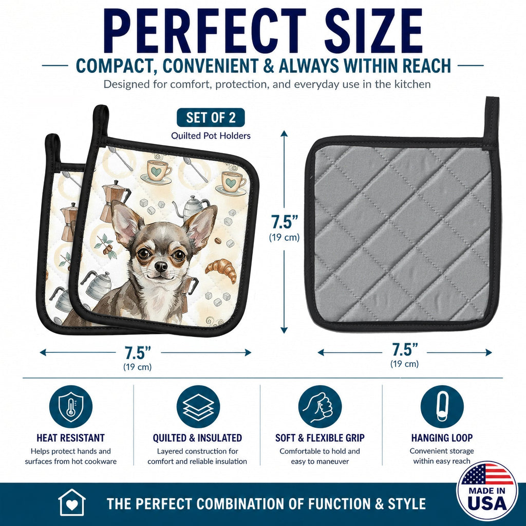 Chihuahua Coffee Bar Pot Holder Set of 2 Heat Resistant Quilted Hot Pads 7.5 x 7.5 Inch, Insulated Kitchen Trivets for Cooking & Baking