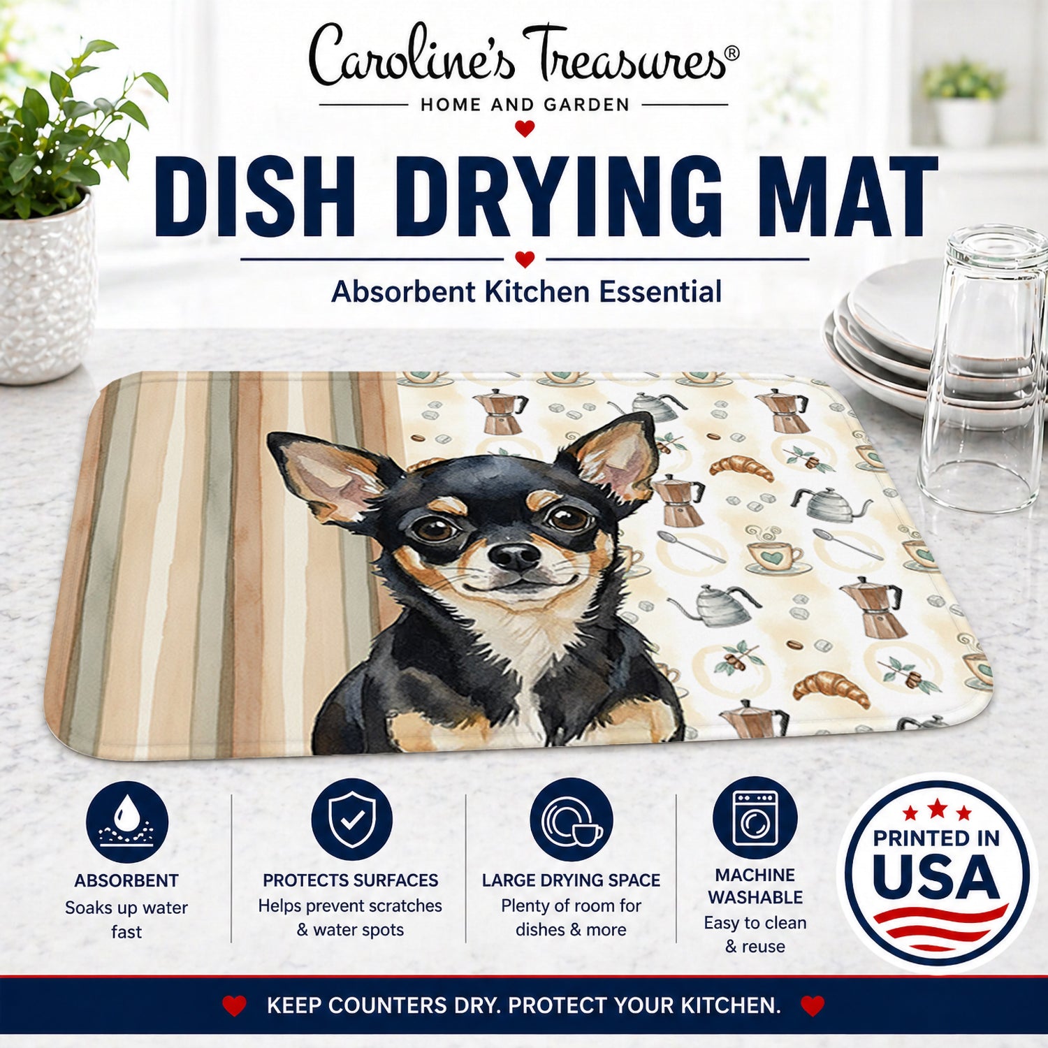 Black and Tan Chihuahua Coffee Bar Dish Drying Mat Absorbent Dish Drying Mat Pad for Kitchen Counter Dish Drainer Mat for Countertop, 14 x 21", Multicolor
