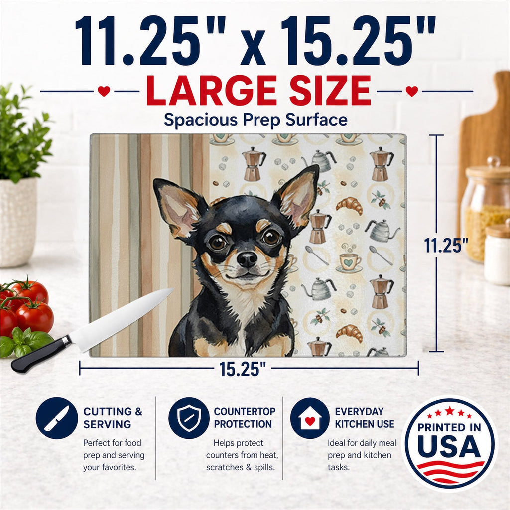 Black and Tan Chihuahua Coffee Bar Cutting Board Tempered Glass Kitchen Cutting Surface, Heat Resistant Chopping, Non-Slip Feet, Food Prep & Serving