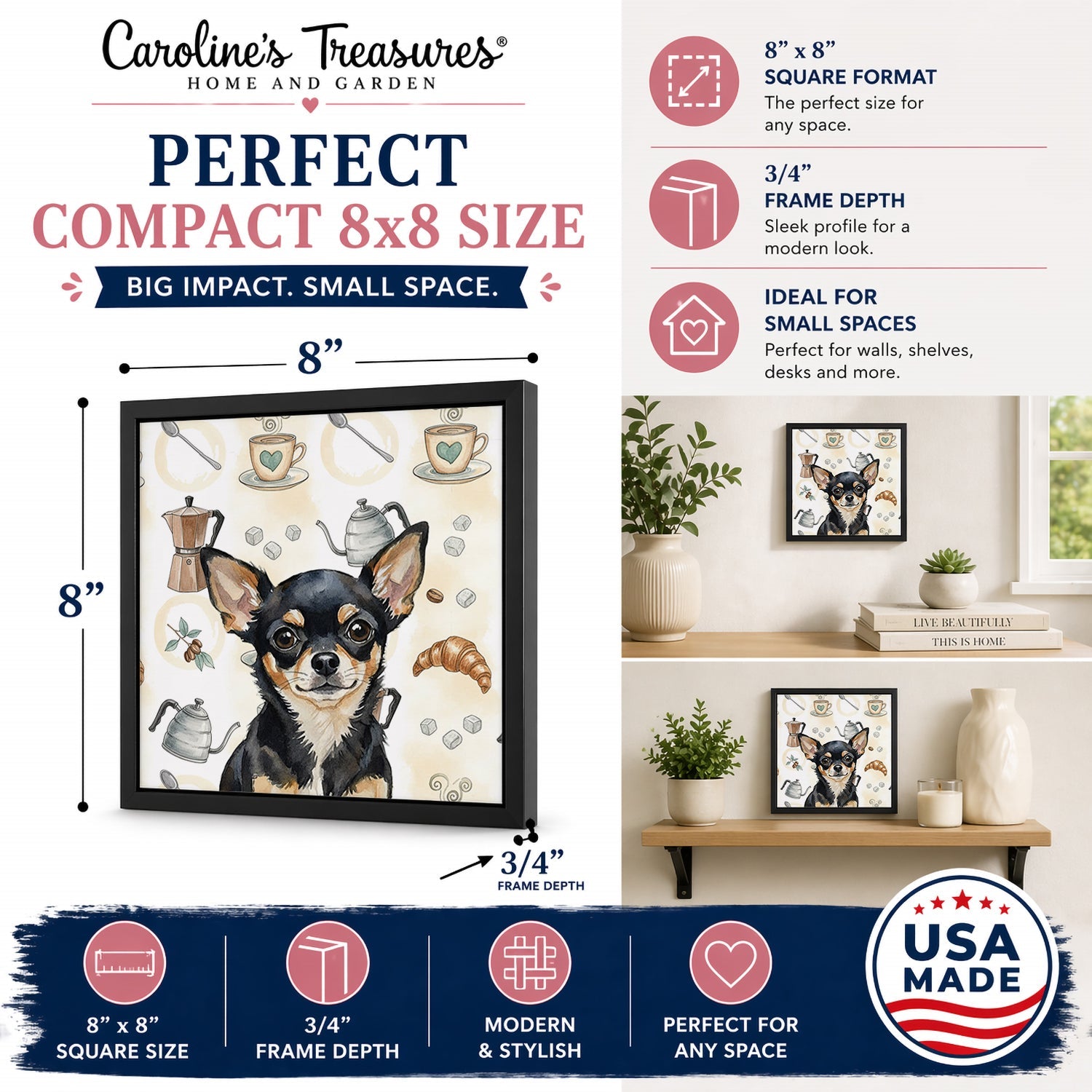 Black and Tan Chihuahua Coffee Bar Framed Metal Print Bathroom, Kitchen, Office, Home Decor Wall Art Ready to Hang, Square, 8X8