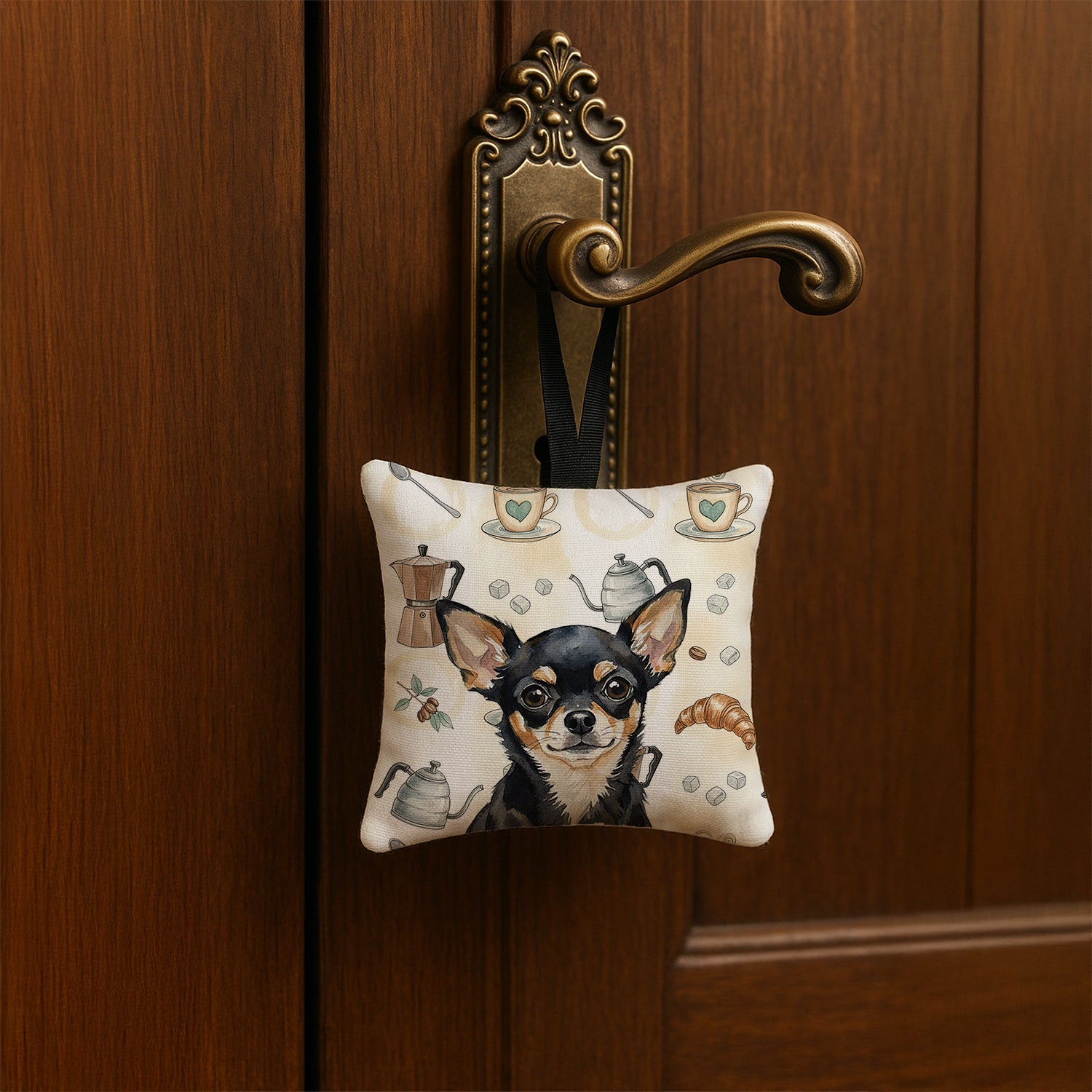 Black and Tan Chihuahua Coffee Bar Hanging Square Fabric Ornament 3.5 � 3.5 Decorative Door-Knob & Tree Hanger, Soft Fabric