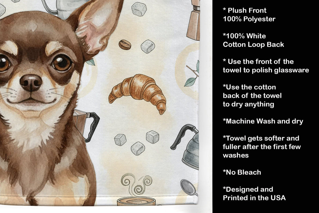 Chocolate Chihuahua Coffee Bar Kitchen Towel Velour Plush Front and Cotton Loop Back Machine Washable