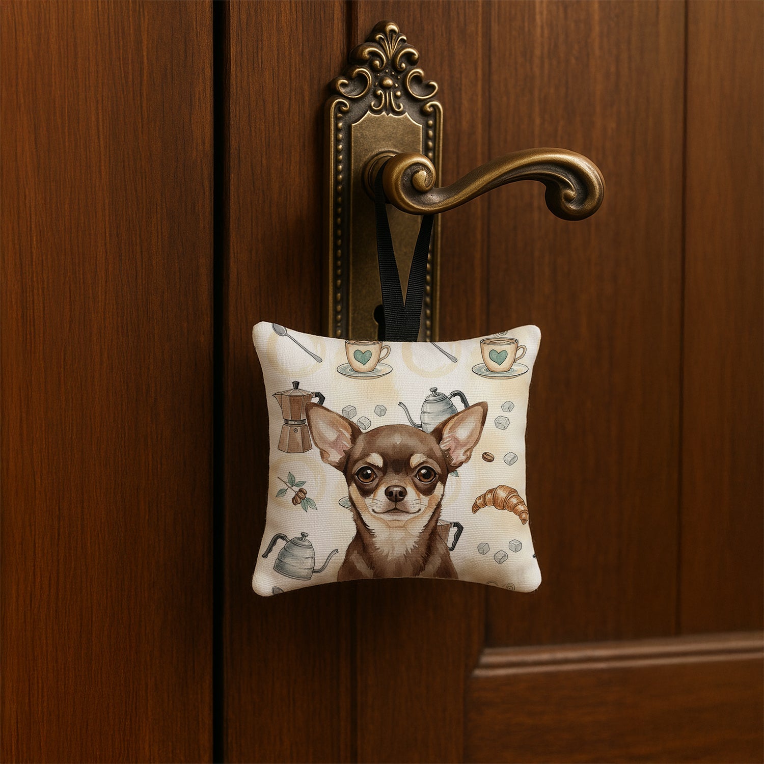 Chocolate Chihuahua Coffee Bar Hanging Square Fabric Ornament 3.5 � 3.5 Decorative Door-Knob & Tree Hanger, Soft Fabric