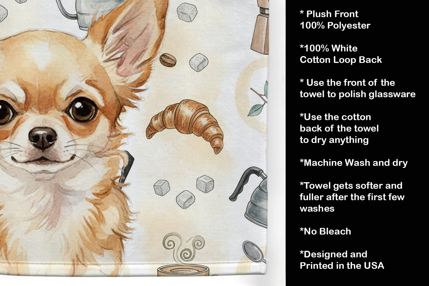 Fawn Chihuahua Coffee Bar Kitchen Towel Velour Plush Front and Cotton Loop Back Machine Washable