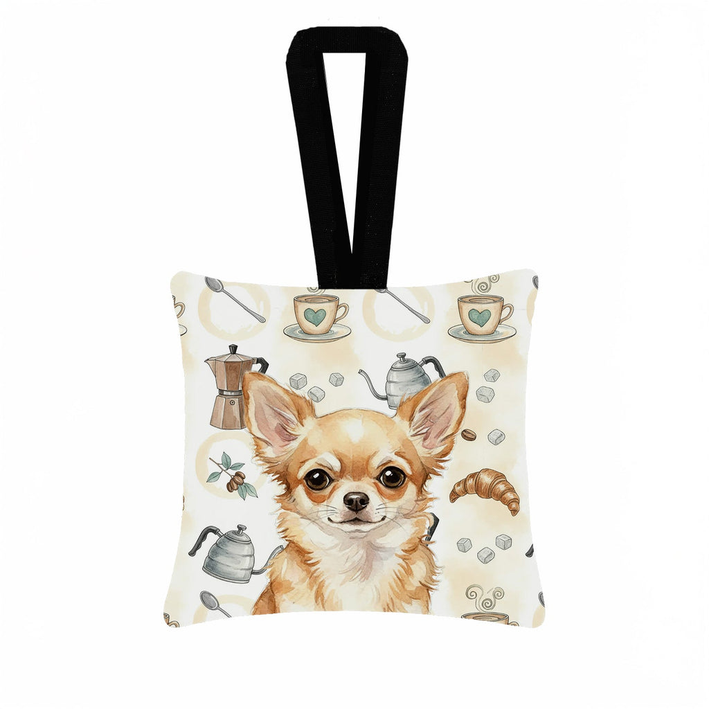 Fawn Chihuahua Coffee Bar Hanging Square Fabric Ornament 3.5 � 3.5 Decorative Door-Knob & Tree Hanger, Soft Fabric