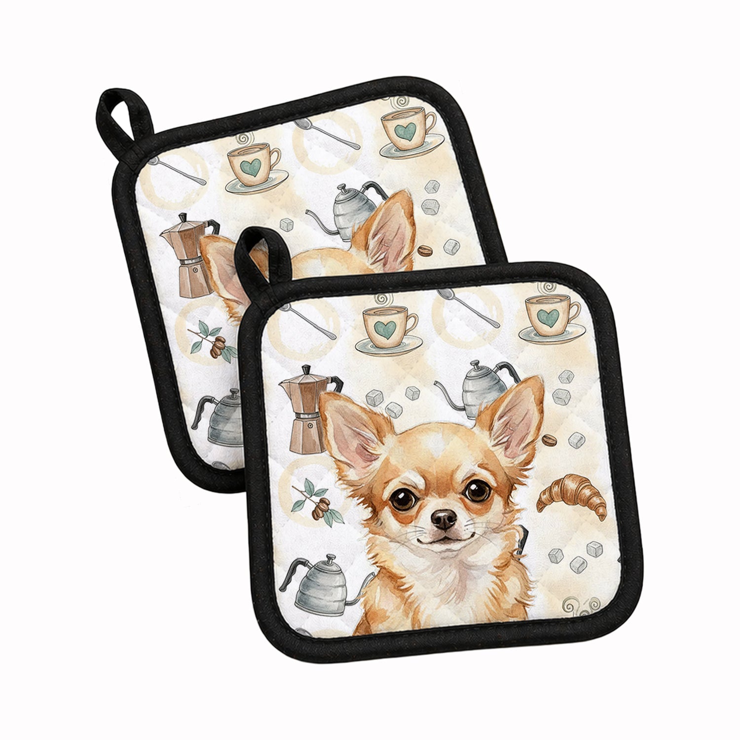 Fawn Chihuahua Coffee Bar Pot Holder Set of 2 Heat Resistant Quilted Hot Pads 7.5 x 7.5 Inch, Insulated Kitchen Trivets for Cooking & Baking