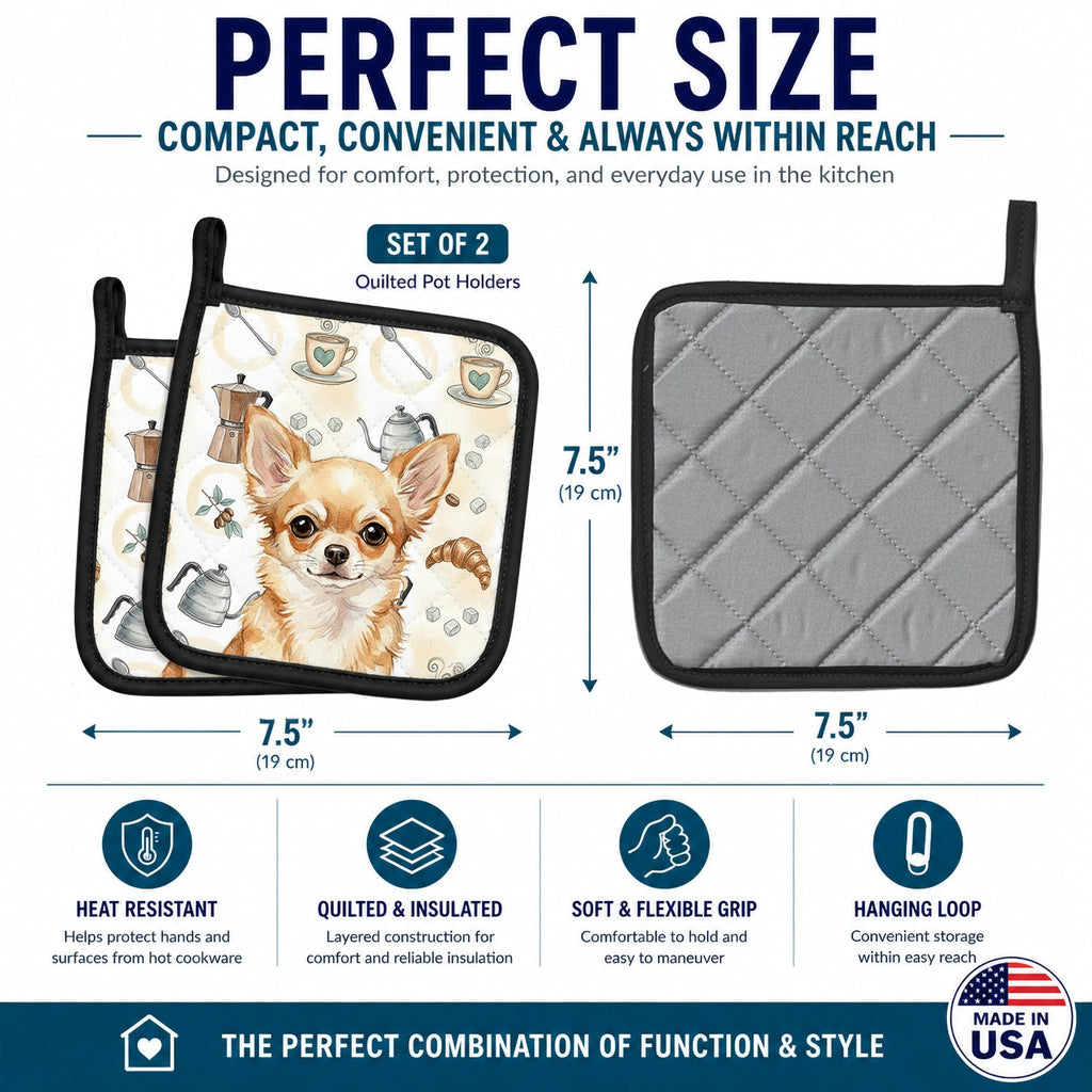 Fawn Chihuahua Coffee Bar Pot Holder Set of 2 Heat Resistant Quilted Hot Pads 7.5 x 7.5 Inch, Insulated Kitchen Trivets for Cooking & Baking