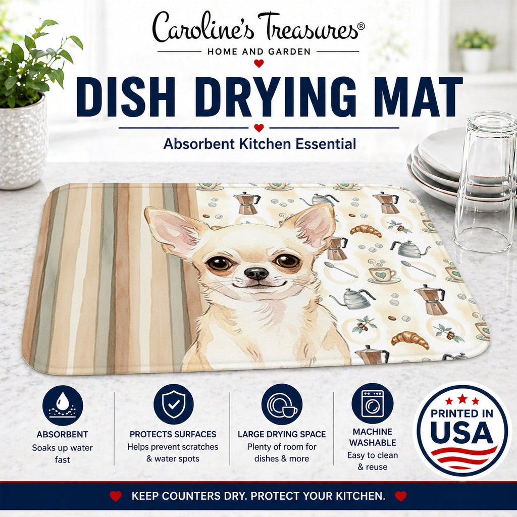Cream Chihuahua Coffee Bar Dish Drying Mat Absorbent Dish Drying Mat Pad for Kitchen Counter Dish Drainer Mat for Countertop, 14 x 21", Multicolor
