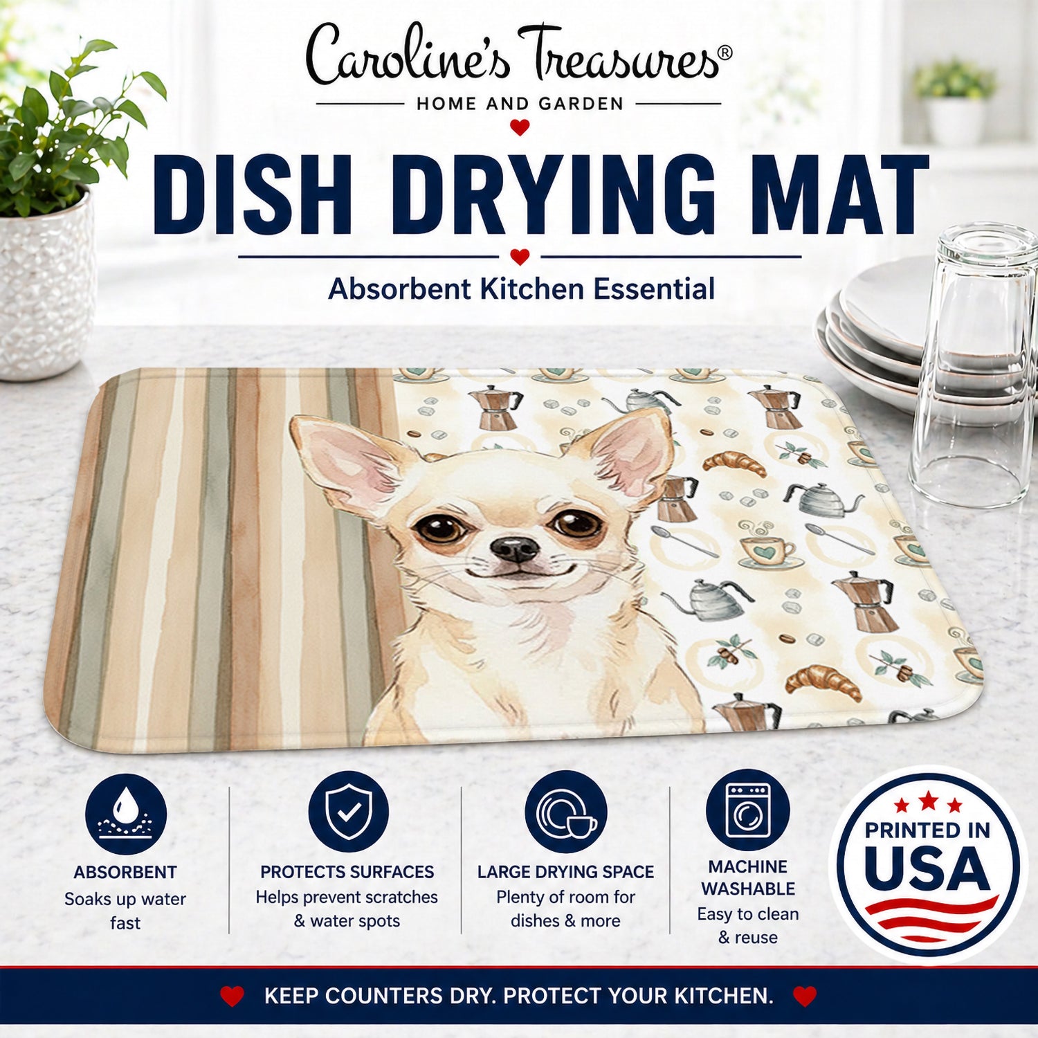 Cream Chihuahua Coffee Bar Dish Drying Mat Absorbent Dish Drying Mat Pad for Kitchen Counter Dish Drainer Mat for Countertop, 14 x 21", Multicolor